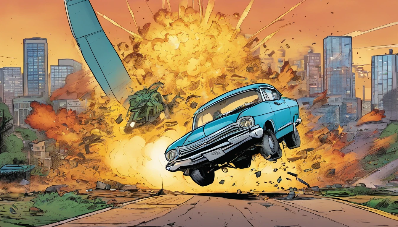 2 car crashing in in the air, big explosion in background, city, cartoon style