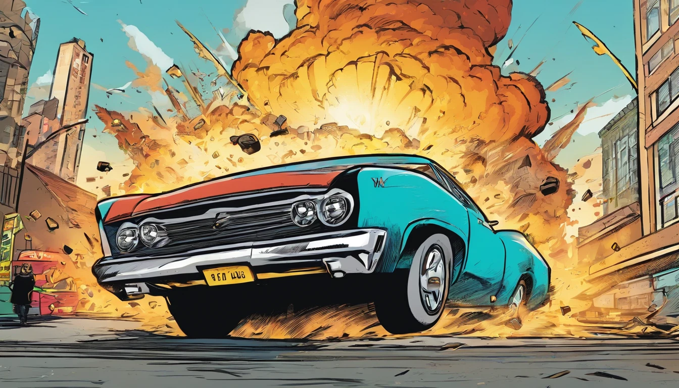 2 car crashing in in the air, big explosion in background, city, cartoon style