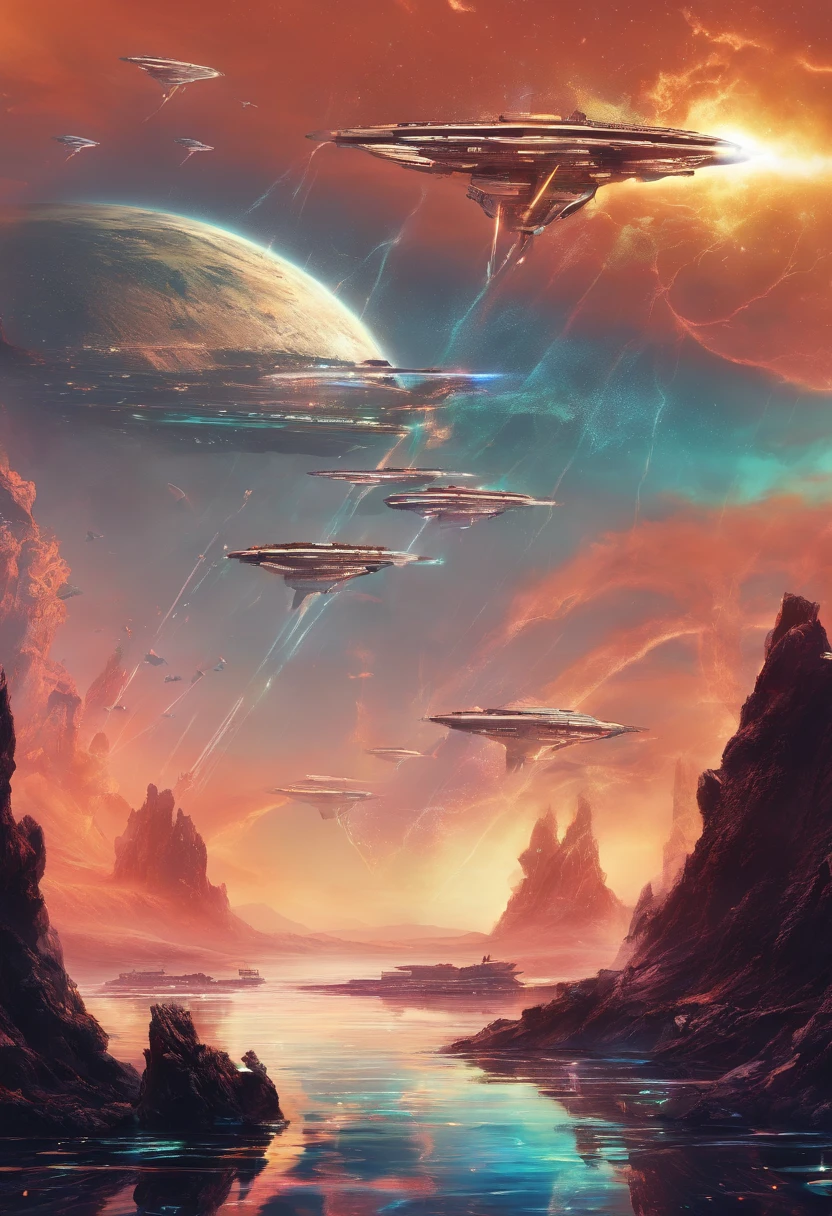 A shot of Zorgon warships attacking a peaceful planet.