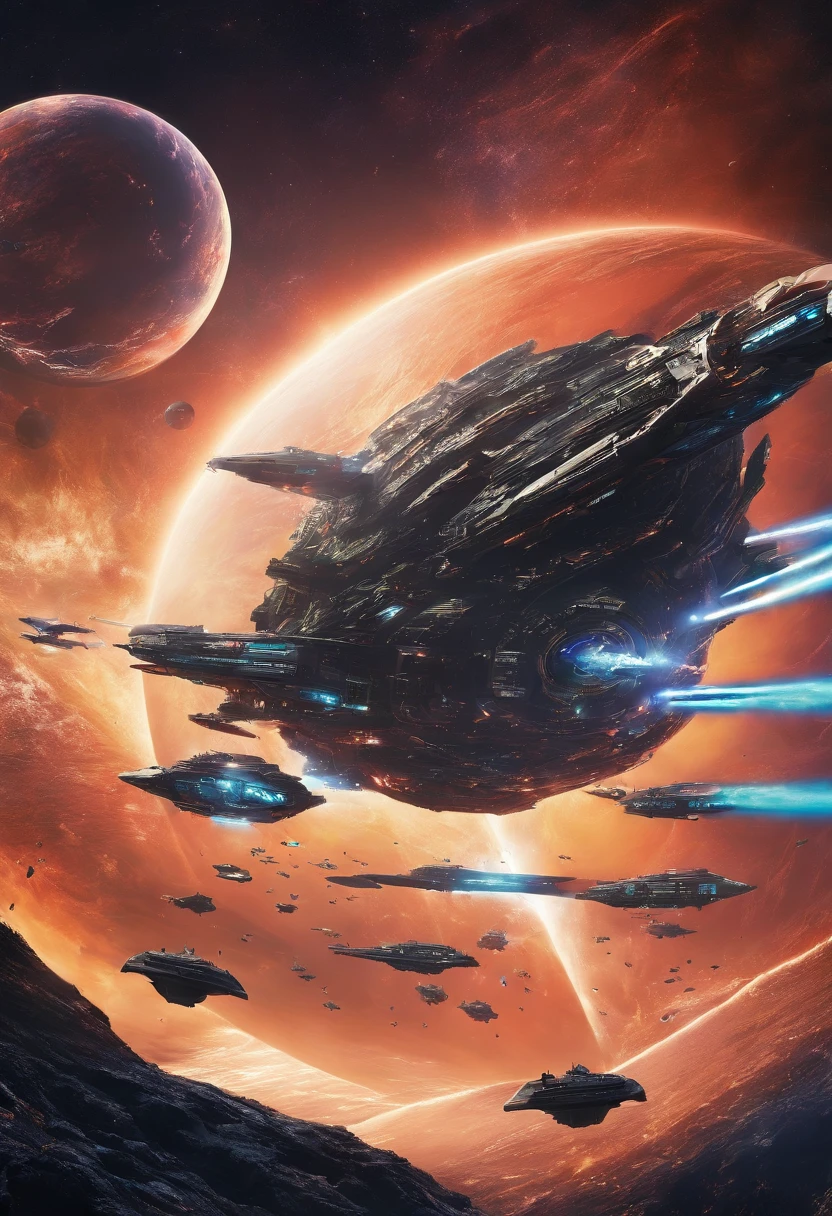 A shot of Zorgon warships attacking a peaceful planet.