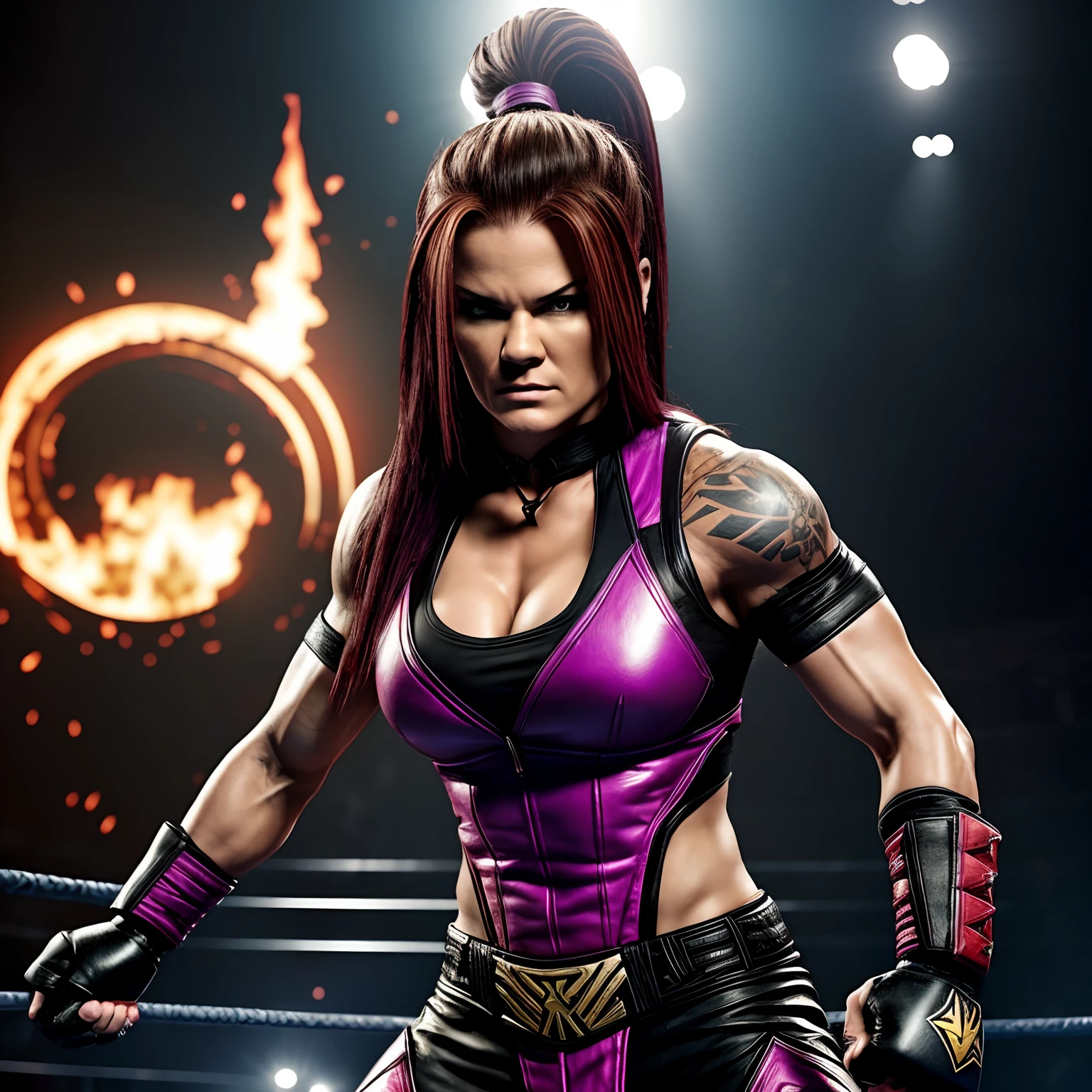 Female superstar Lita WWE is ready to fight against the Mortal Kombat Outworld Hyperrealistic background scene..