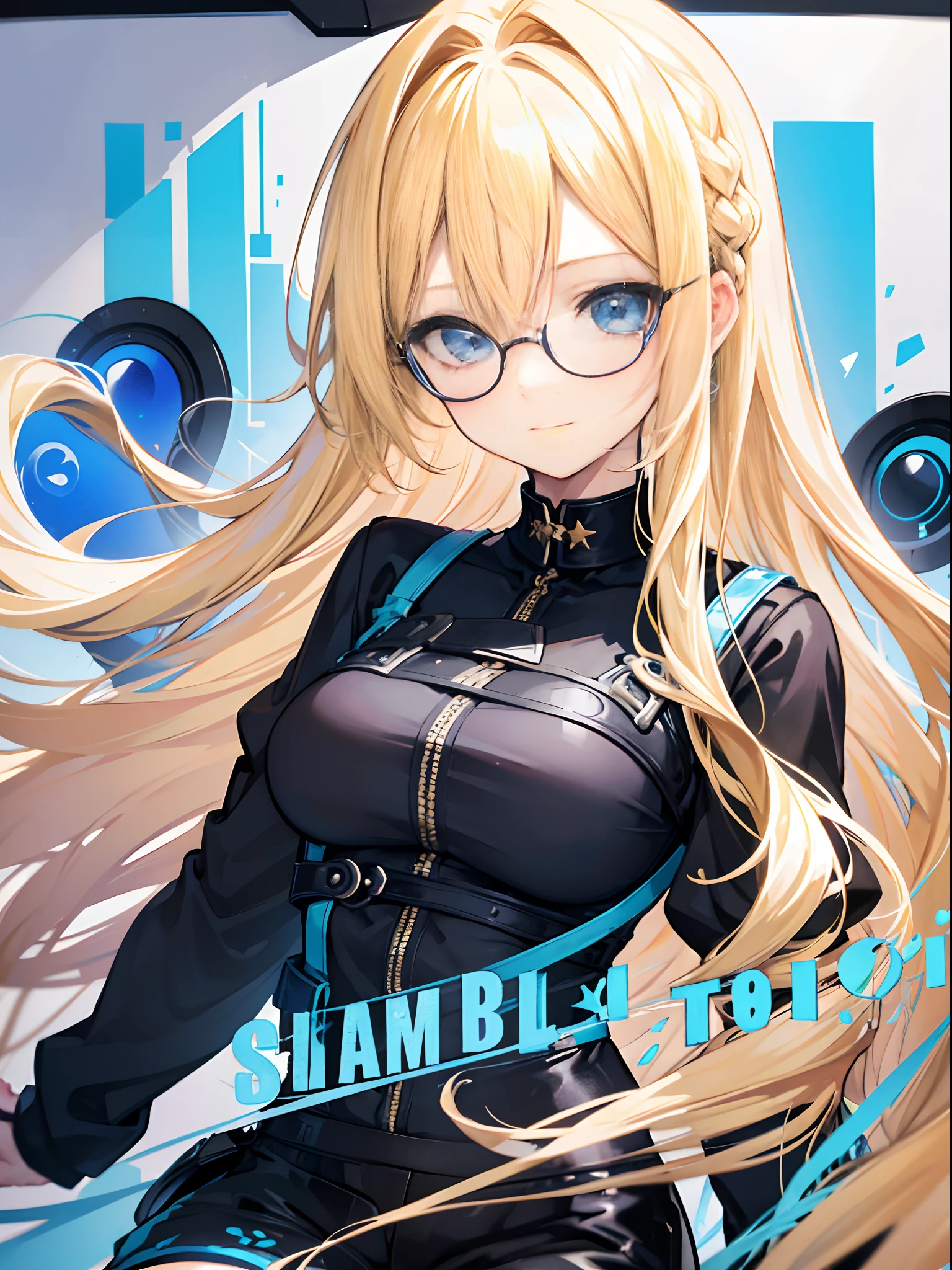 Beautiful long blonde hair, Blue Highlights, Bright blue eyes.,detailed face,Shy Expression,18 year old girl,Black shirt, black shorts,Left Braid,eyeglasses,Smiley face