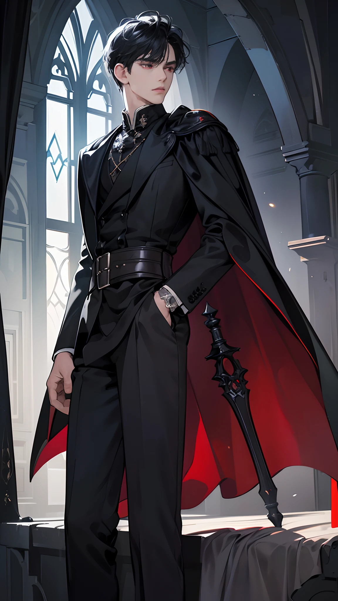 masterpiece, best quality, realistic, 1man, mature male, quiet and charming young man, 20 years old, serious look, extremely detailed face, detailed eyes, detailed background, cinematic lighting, looking at the audience, posture dynamics, (masterpiece, top quality, best quality, beautiful illustration, official art, wide angle, beautiful and aesthetic :1.5), Masterpiece Background Midnight, Darkness, Dark Room, Dark tone, castle, castle windows, Moonlight, (Moonlight Only: 1.5), expressionless, Bewitching, gloomy, ((red eyes)), ((black hair)), [thick eyebrows], ((suit)), black cape, black suit, black pants, short black hair, messy bangs, red eyes