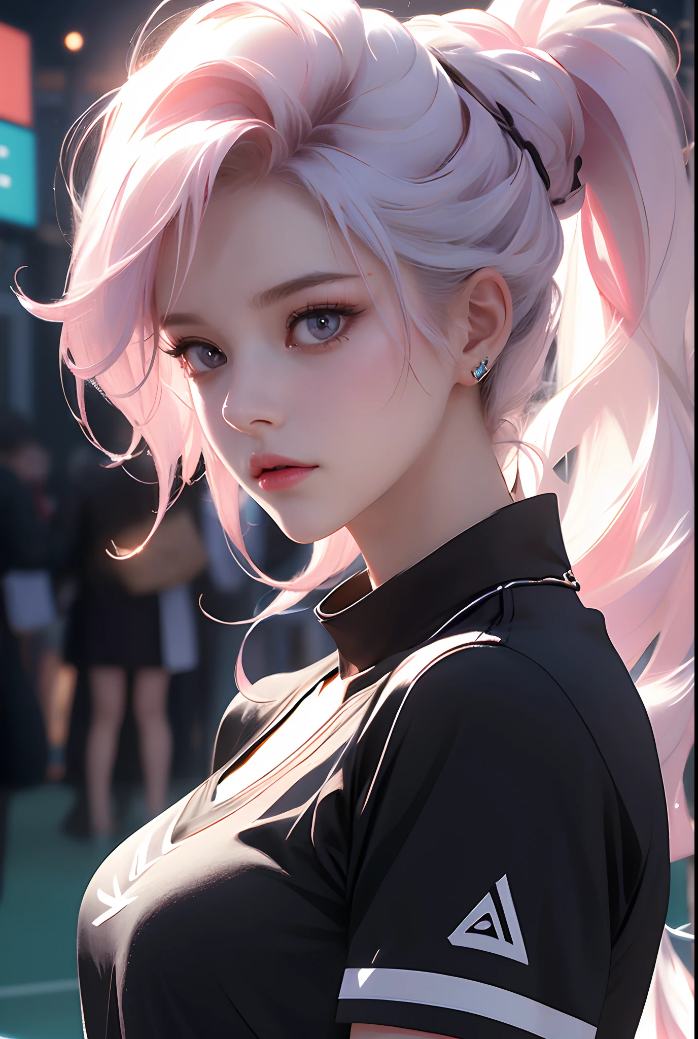 melancholy lighting, quiet, calm, brightness, masterpiece, best quality, 1girl, (JinxLol:1.2), (ultra photorealistic:1.3), (masterpiece:1.4), best quality, ((realistic)), high quality, ultra detailed, ((real image)), ((realistic skin)), ((realistic face)), (illustration:1.05), (beautiful:1.05), (beautiful detailed eyes:1.05), (cinematic light:1.1), purple and pink in the detacks, perfect whole body, slender silhouette, thin, small breasts, thick thighs, black and blue clothing, White Tennis, beautyniji