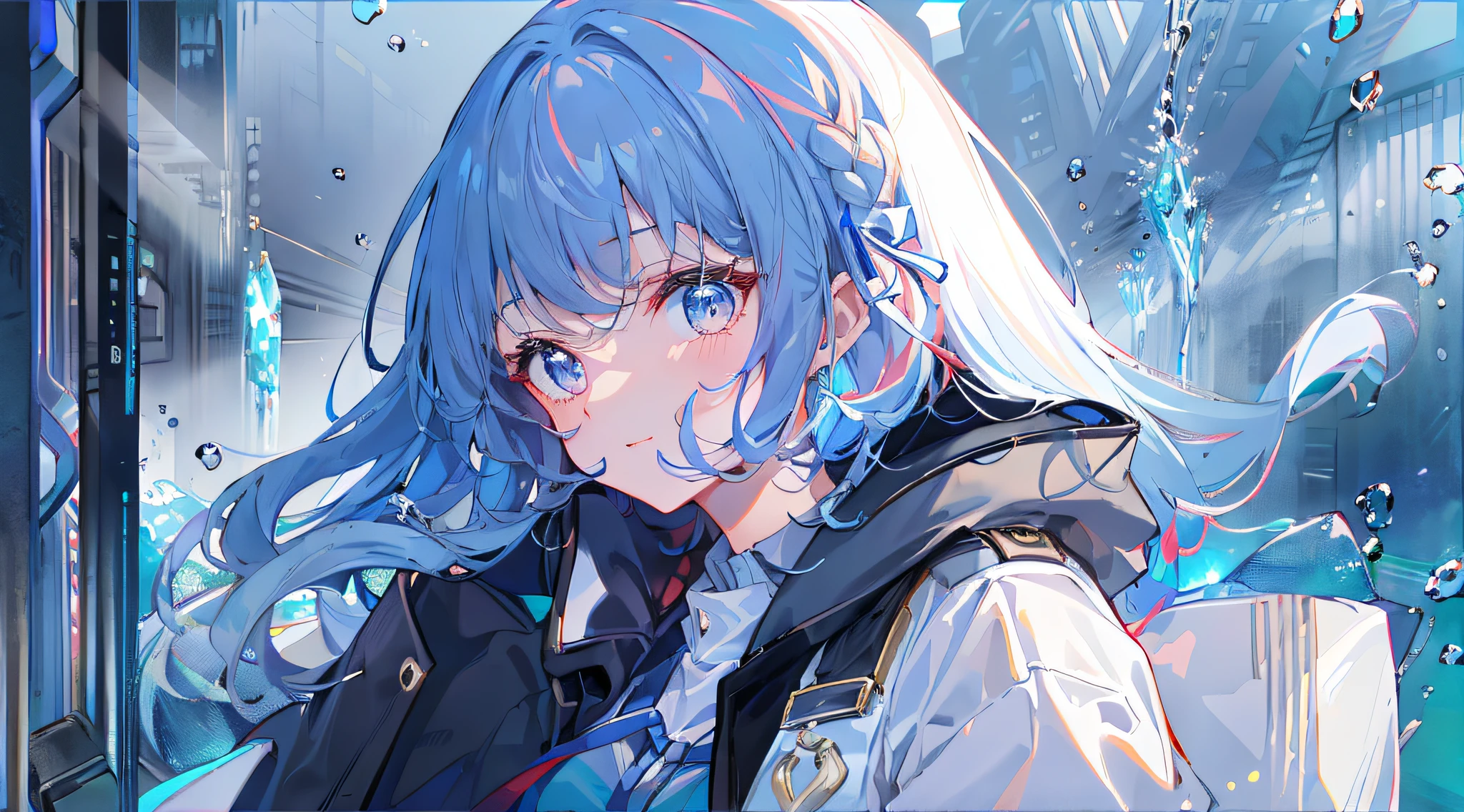((top-quality)), ((tmasterpiece)), ((ultra - detailed)), (Extremely Delicately Beautiful), Girl vs, 独奏, Cold attitude,((Black jacket)),She is very(Relax)with  the(settle down)looks,brunette color hair, depth of fields,evilsmile,Bubble, Under the water, airbubble,bright light blue eyes,inner colored，Light blue hair and dark blue ends,Cold background,Bob Hair - Linear Art, shorter pants、knee high socks、A white uniform like a school uniform、Light blue ribbon ties、Clothes are sheer、Hands in pockets