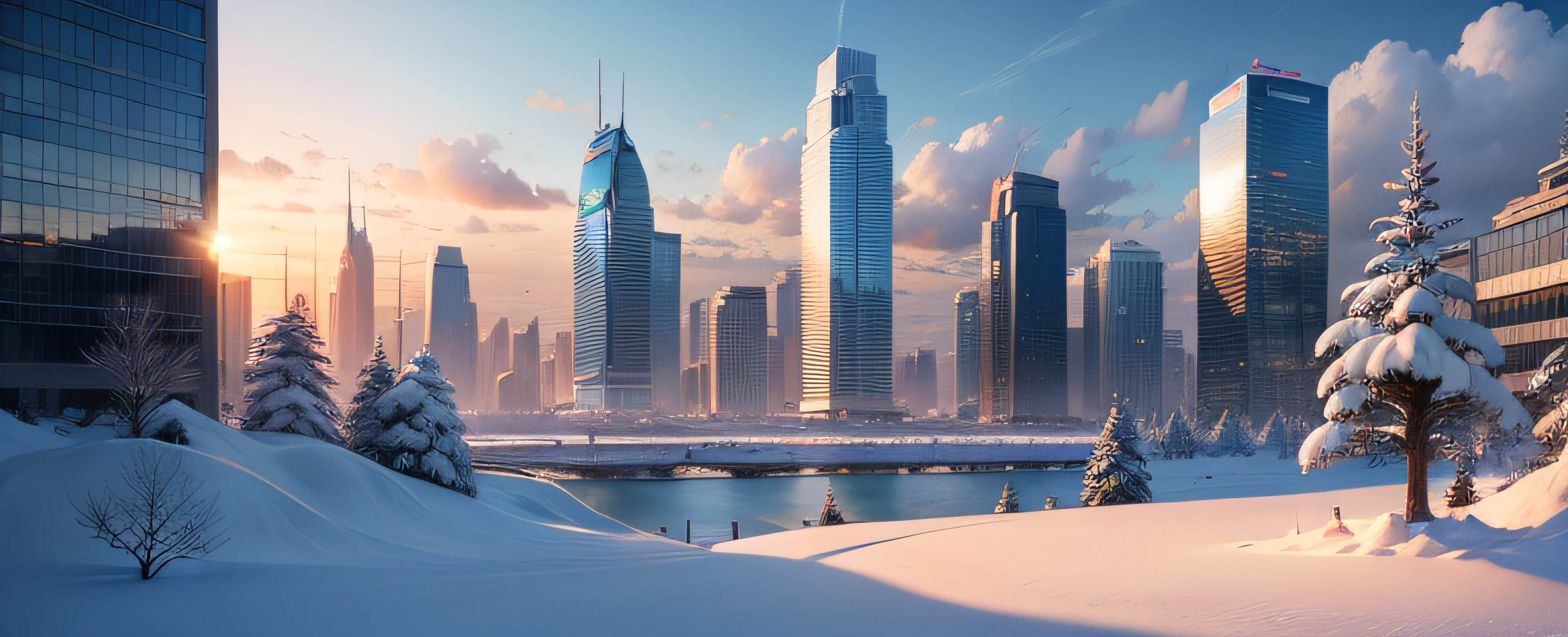 beautiful anime scenery,author:Shinkai sincerely, Garden , Skyscrapers , floating Snow , Winter , Wind , Cloud , sky , Afternoon , Sun , Breeze