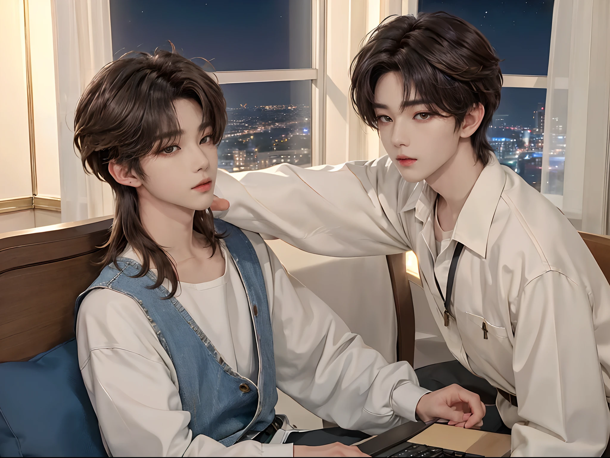((4K))、masterpiece、(top-quality)、((high-level image quality))、One manly boy and beautiful woman、((Fashionable men's personal wear))、(Detailed beautiful eyes)、Stylish homeroom at night with a view of the night sky from the window、Take a selfie while sitting in a gaming chair in front of your PC、Face similar to Chaewon in Ruseraphim、((short hair above the ears))、((Smaller face))、((Neutral face))、((Light brown eyes))、((Korean boy))、((18year old))、((Handsome man))、((Wild look))、((Korean Makeup))、((elongated and sharp eyes))、((During game streaming))、((Photo with a woman))、((siblings))、((With women with long hair))