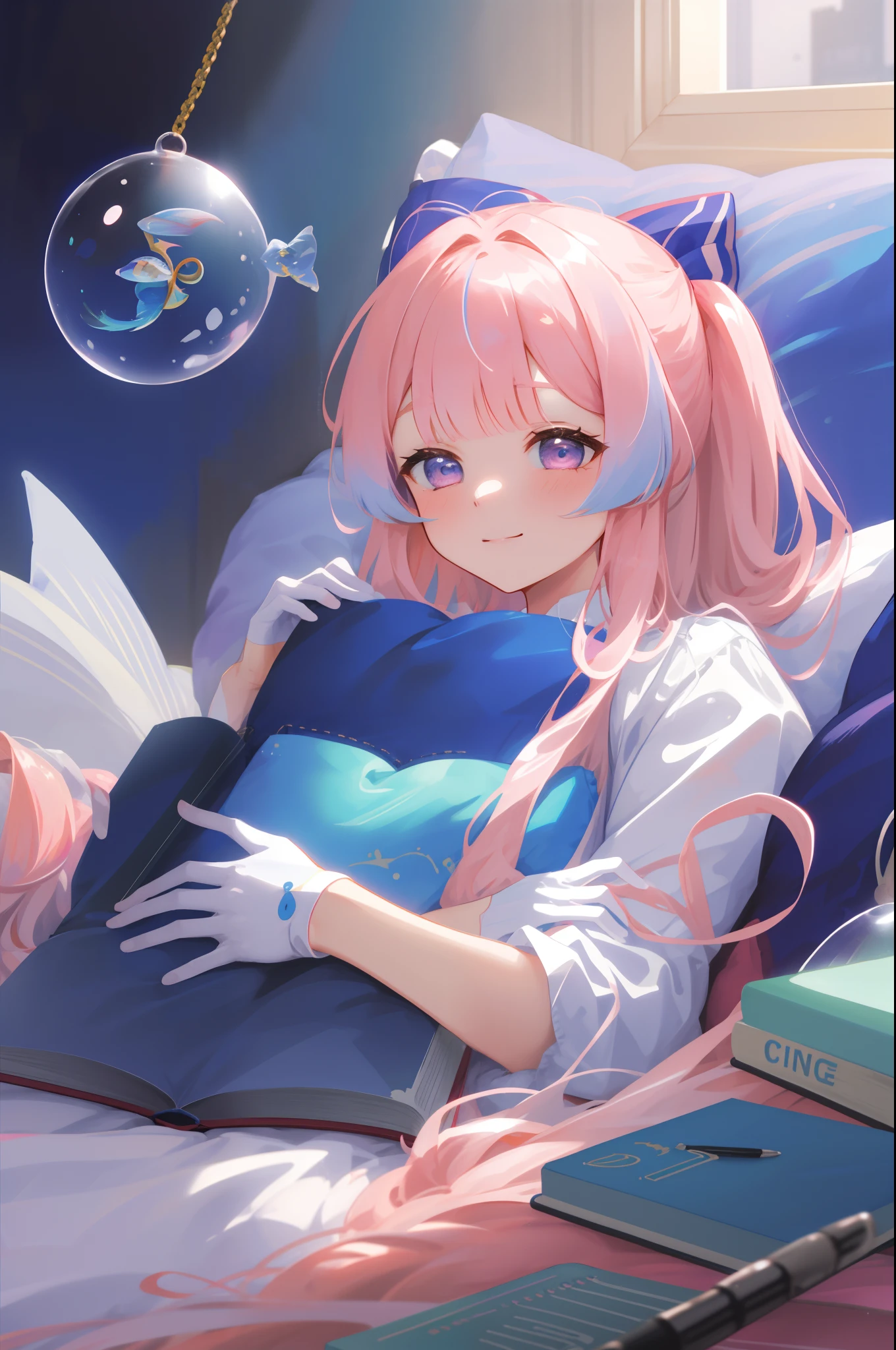 masterpiece,best quality,artbook,colorful,comic,strong rim light,one_girl, adorable girll,angel_face,bishoujo,lying,pillow_hug,lap pillow,half-closed eyes,light smile,long hair,pink hair, half white gloves,bowtie,underwater,fish,bubble,coral,notebook, reel \(riru\),