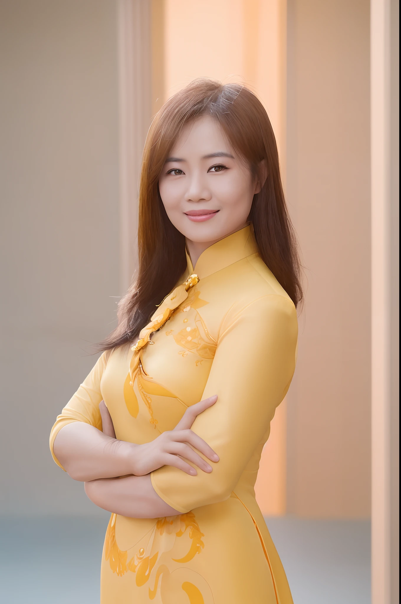 arafed asian woman in a yellow dress posing for a picture, vietnamese woman, mai anh tran, ao dai, in style of lam manh, an asian woman, asian woman, asian women, wearing a yellow cheongsam, dang my linh, vietnamese woman, asian girl, a young asian woman, photo of a woman, asian, highly detailed, ultra detail, studio shoot, cinematic angle, 85mm prime lens, macro lens, iso 100, f/4, canon eos, canon 5d, --quality 100, --s 5000, --stylise 1250