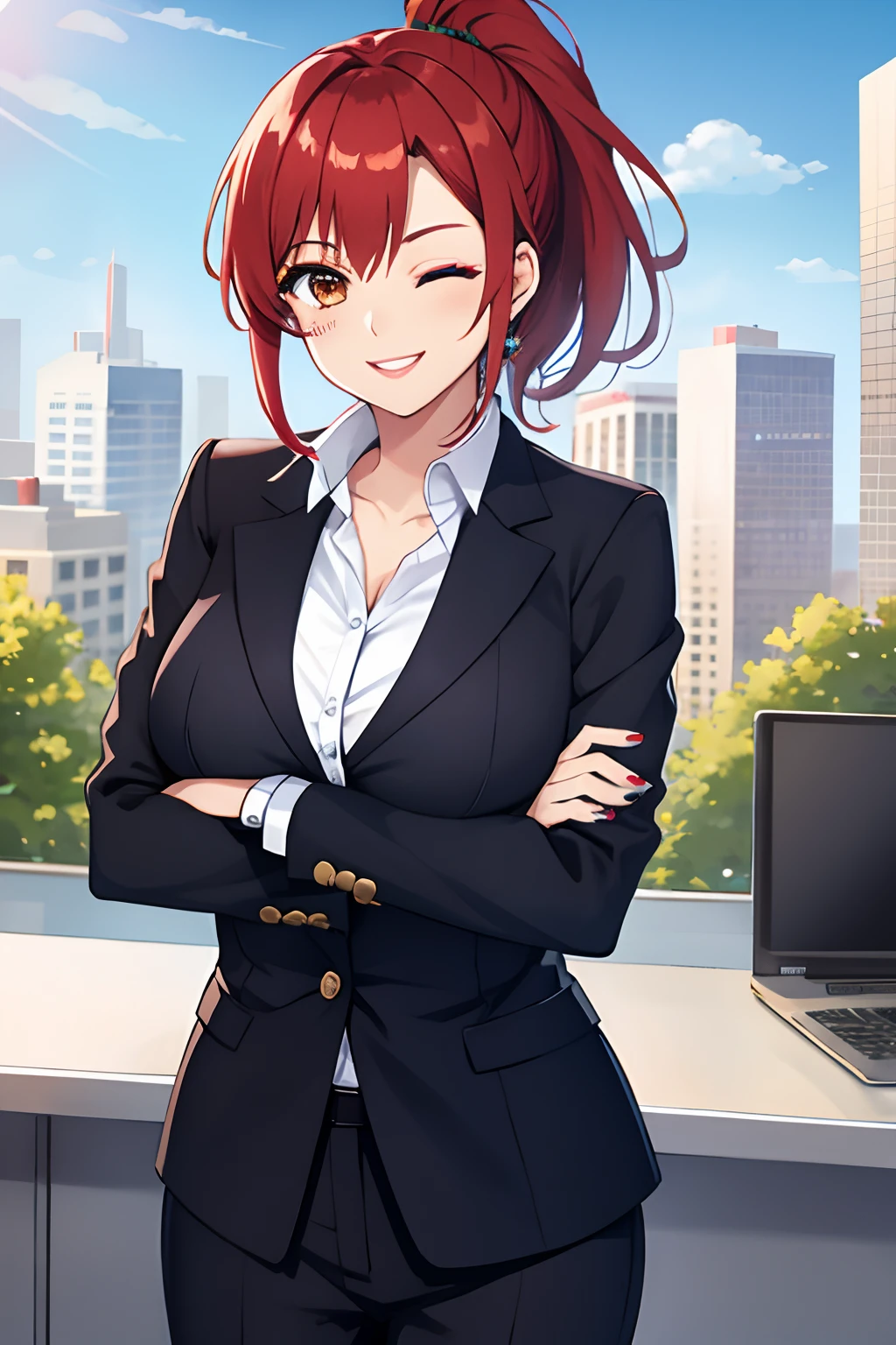 girl, short hair, red hair,(ponytail), brown (eyes one eye closed),(makeup),happy smile,looking at viewer, big breasts,red office coat,office pants,crossed arms,city at day