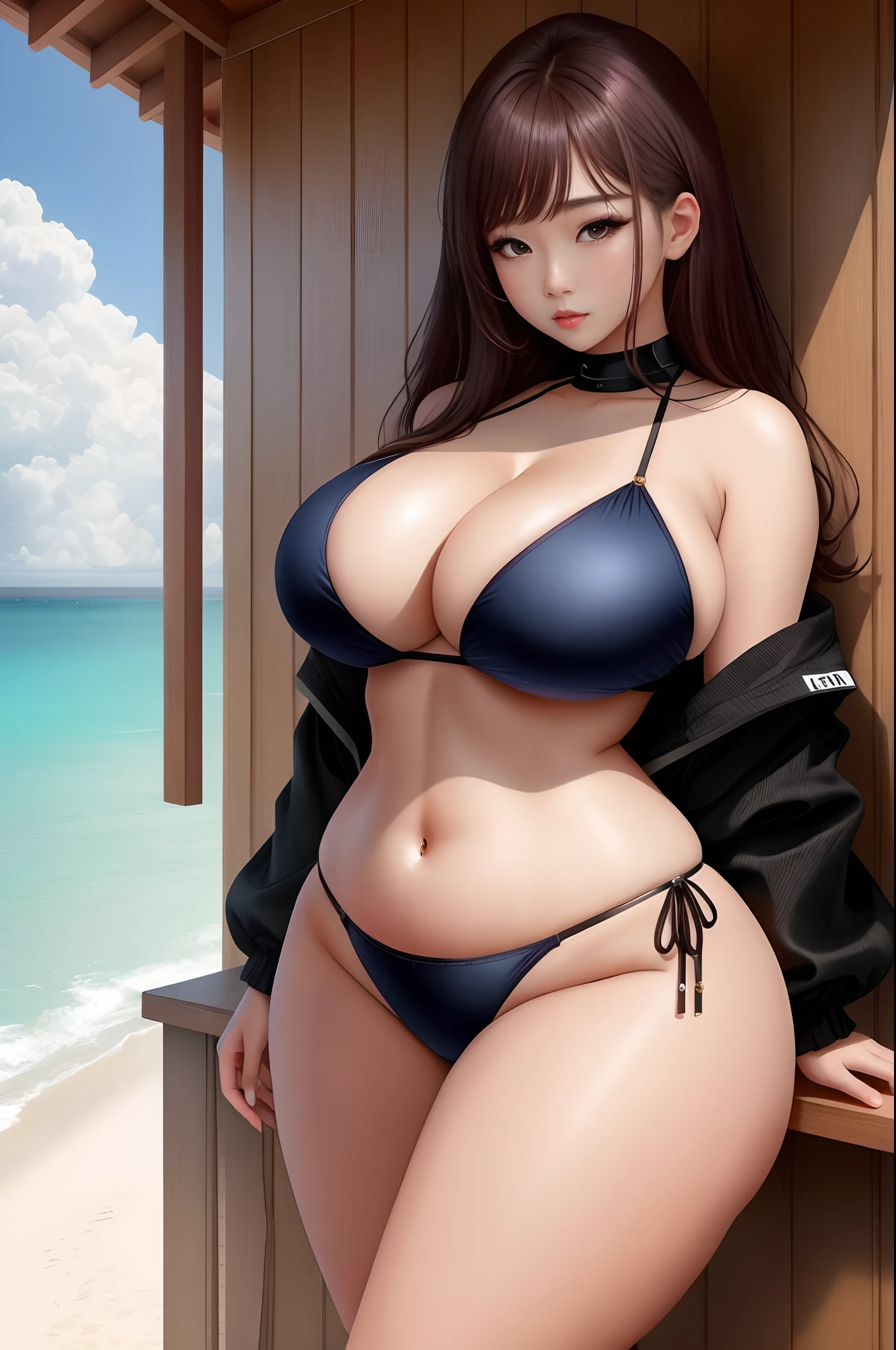 1girl,Korean idol ,thick,busty,broad shoulders, long torso,saggy breasts,gigantic breasts, extreme wide hip, thick thighs thighs,busty,thick,beach,micro bikini,looking at viewer,seductive, standing