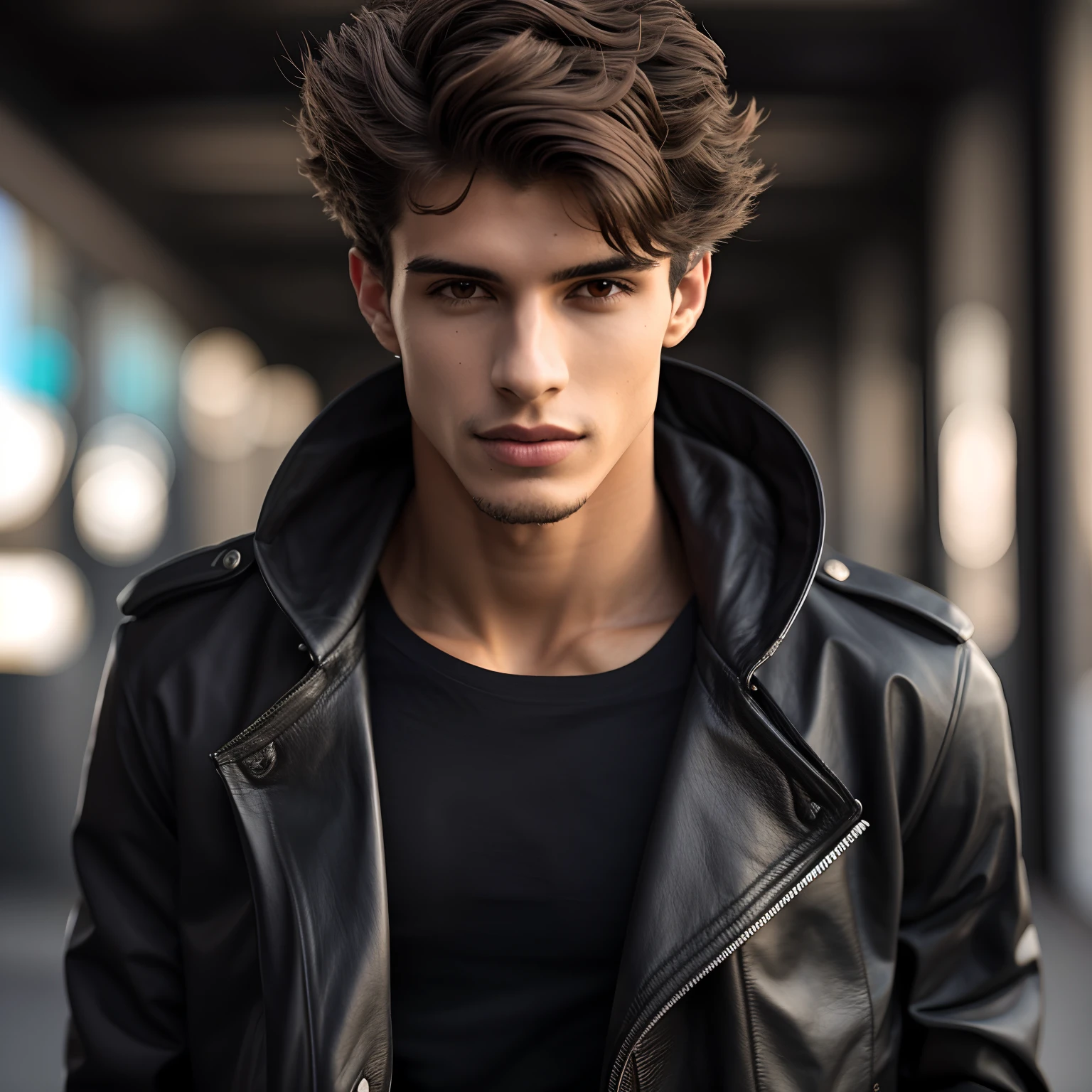 Rapaz de Arafed em uma jaqueta de couro preta e camisa preta, jovem bonito, retrato do jovem bonito, lindo modelo jovem, jovem atraente, jovem bonito, Jovem com rosto bonito, modelo masculino, Macho bonito, jovem bonito, jovem homem bonito, rosto bonito perfeito, Homem magro com pele bronzeada clara, young man with medium - length