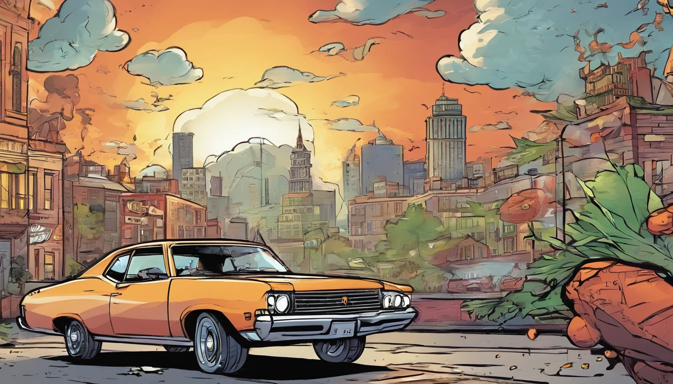 2 car crashing in each other in the air, big explosion in background, city, cartoon style