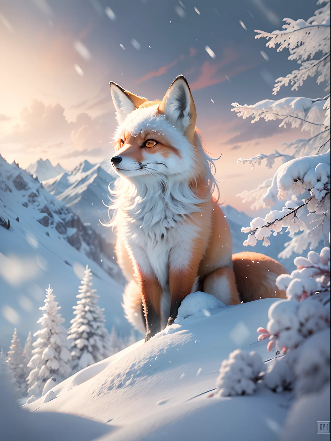 (Great view of the snowy mountains,Natural beauty),Beautiful and dreamy picture,Many trees,Frozen tree,crystal-clear。red fox:1.1。snow mountains:1.5。Cute white fox under snowy mountains, very very beautiful furry art, ethereal fox, White fox, 8K high quality detailed art, 4K verbs