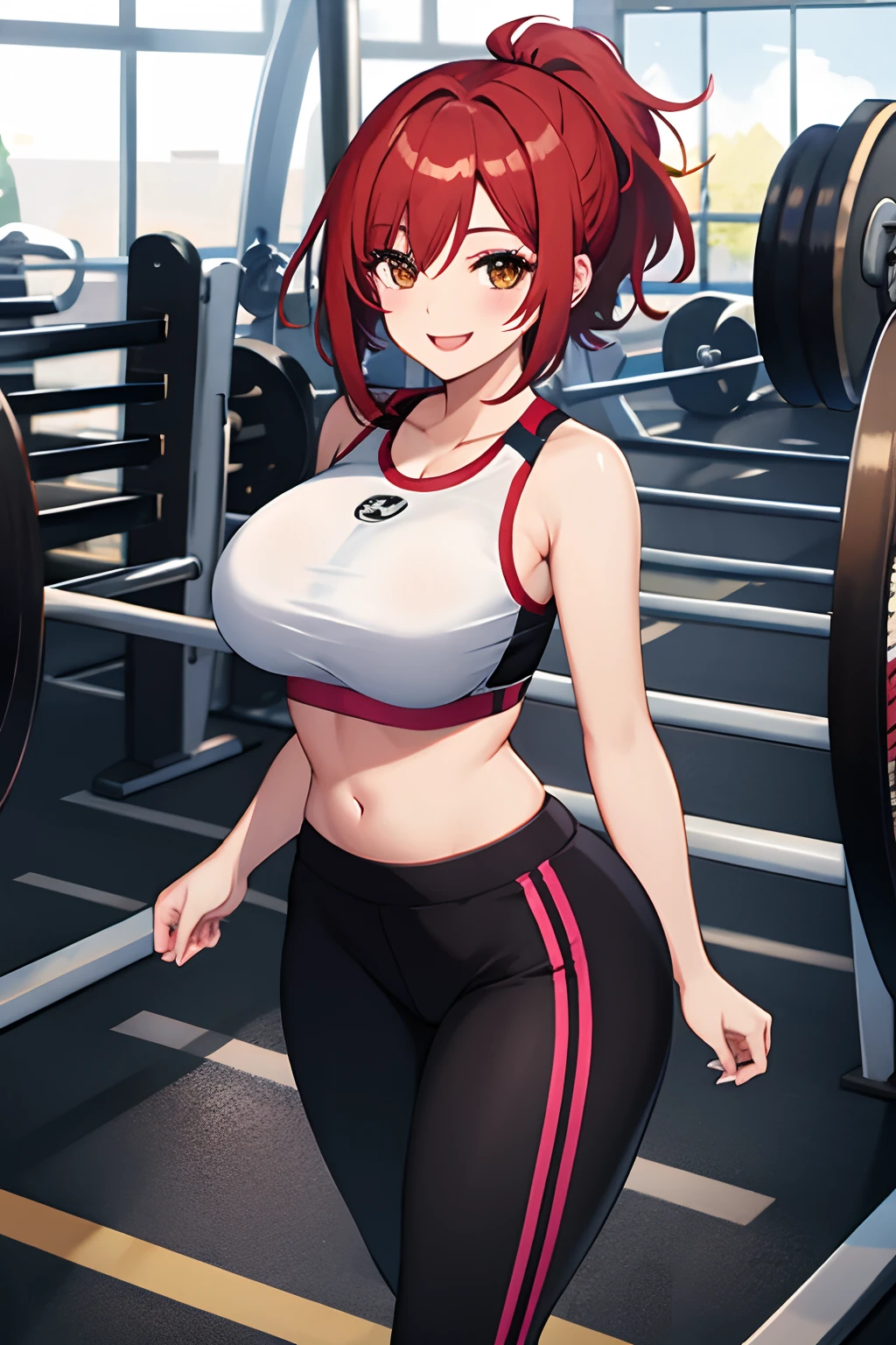 Beautiful girl in black uniform going to high-school detailed muscles realistic masterpieces full figure pose (best quality,ultra-detailed), red-haired girl, brown eyes, fair skin, fit body, slim figure, narrow waist, large buttocks, (confident expression), high-school gym on Earth