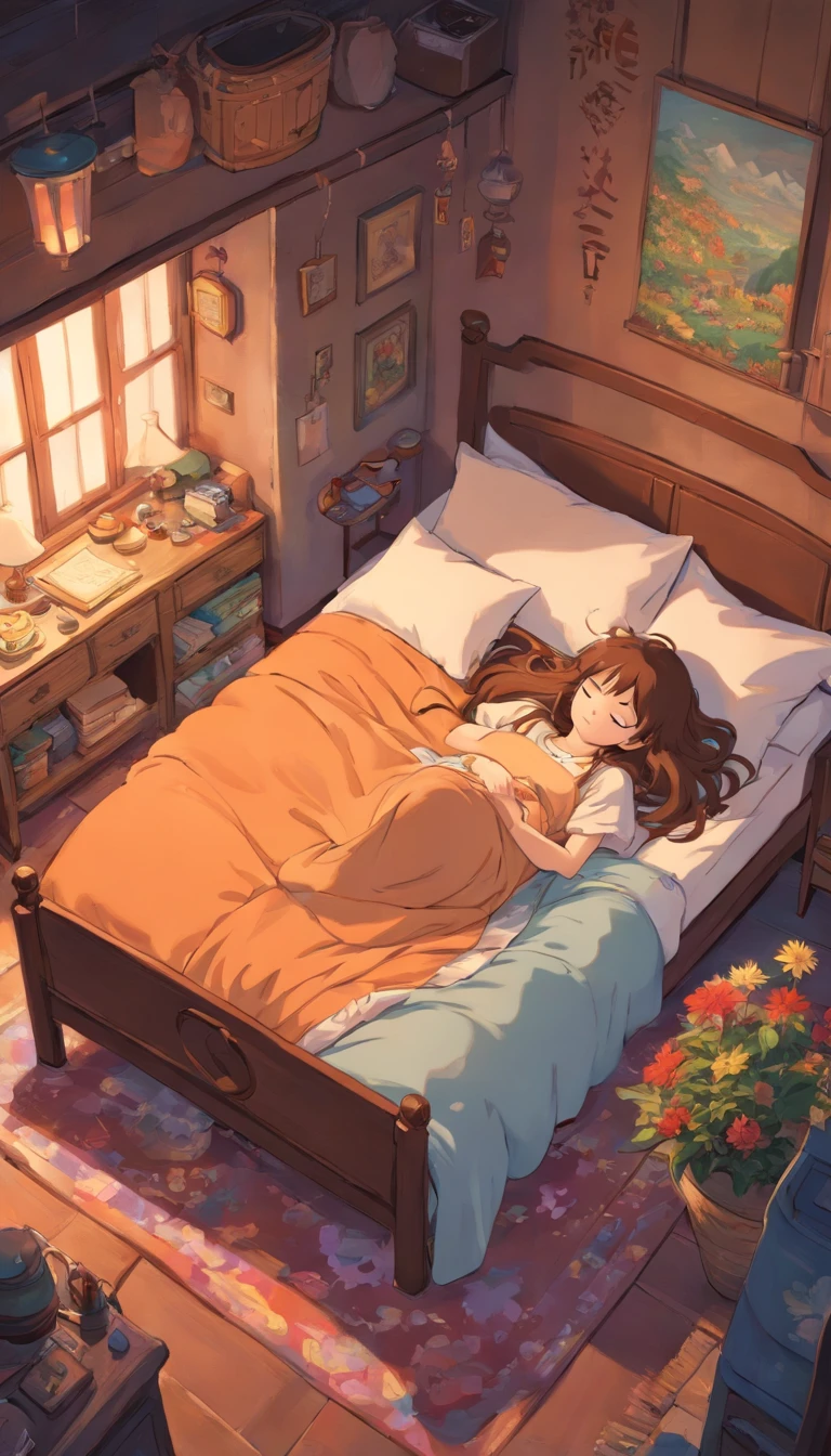A girl with brown long hair, lying in bed, a chaos room, sleeping with her eyes closed, and wearing decent sleeping wear.