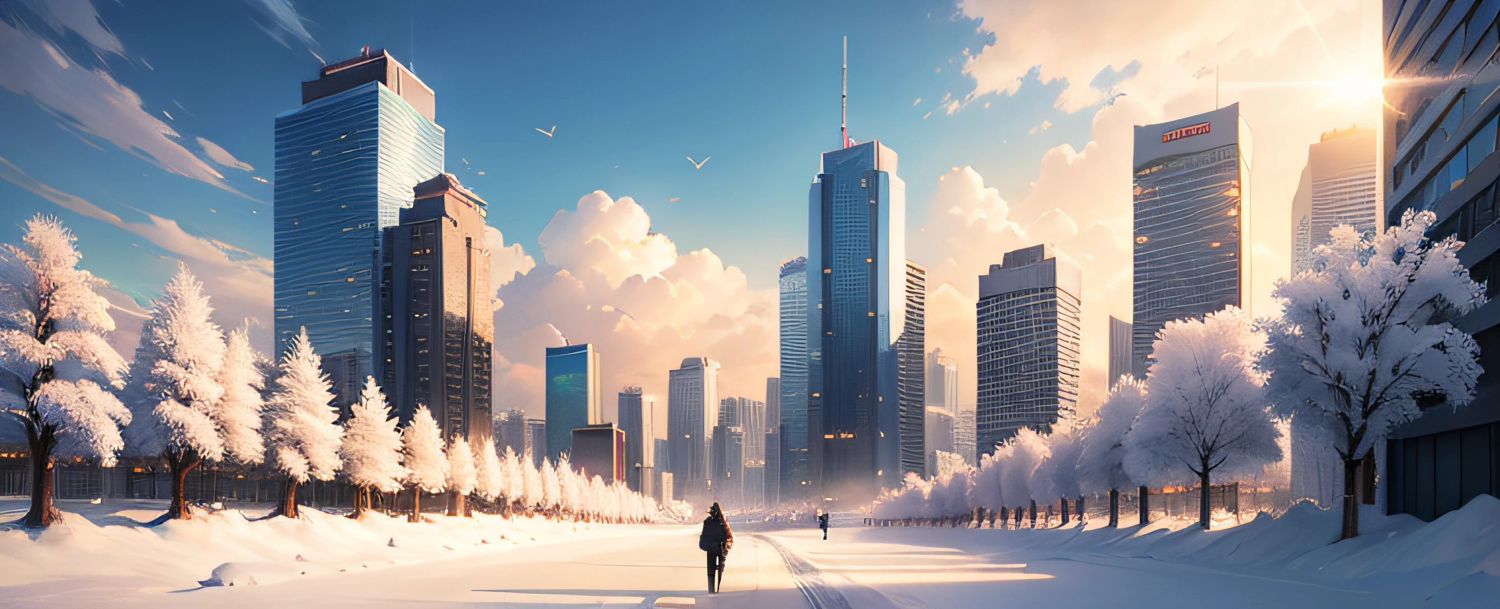 beautiful anime scenery,author:Shinkai sincerely, Garden , Skyscrapers , floating Snow , Winter , Wind , Cloud , sky , Afternoon , Sun , Breeze
