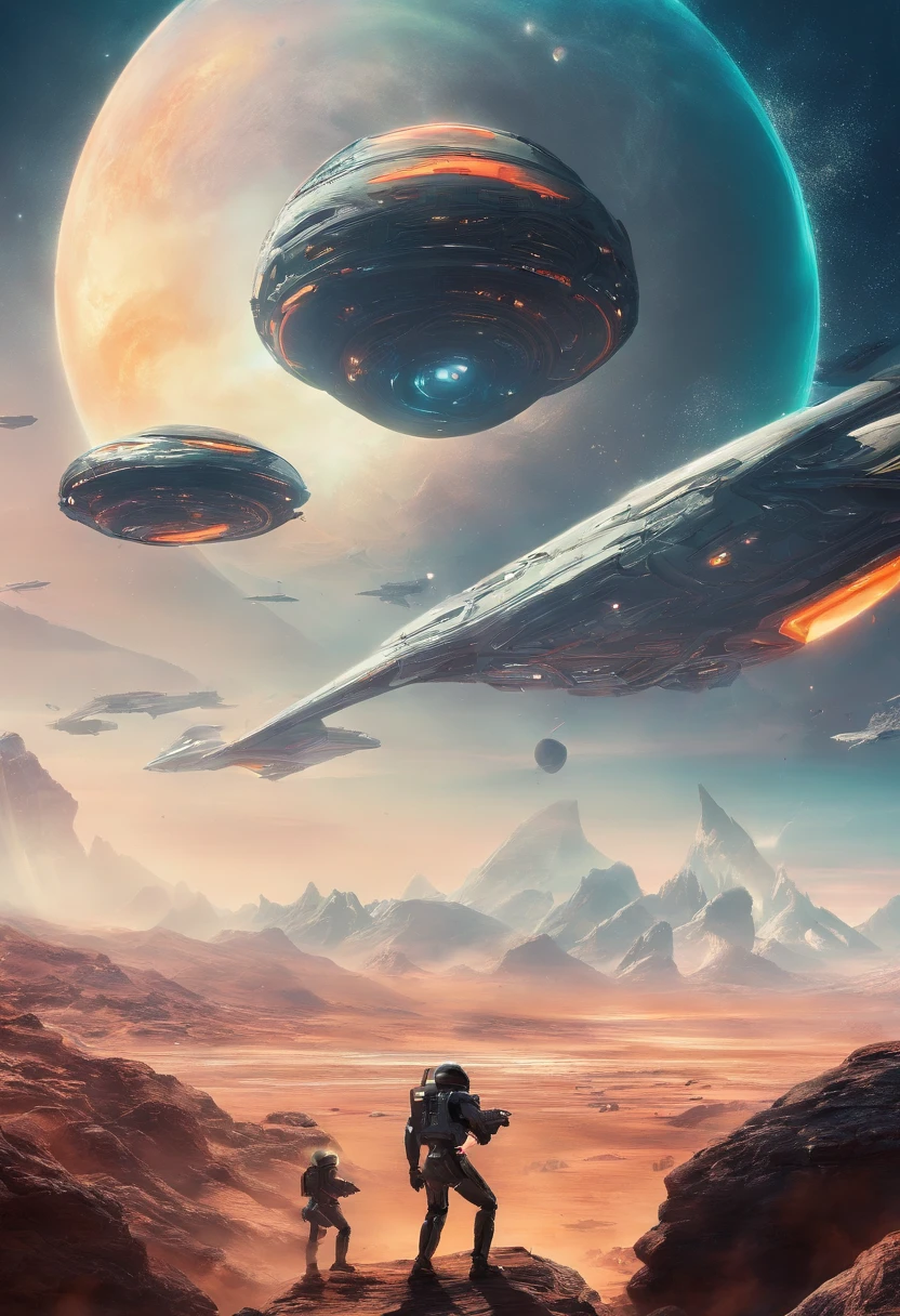 A shot of Zorax landing on a Zorgon planet, surrounded by enemy soldiers.