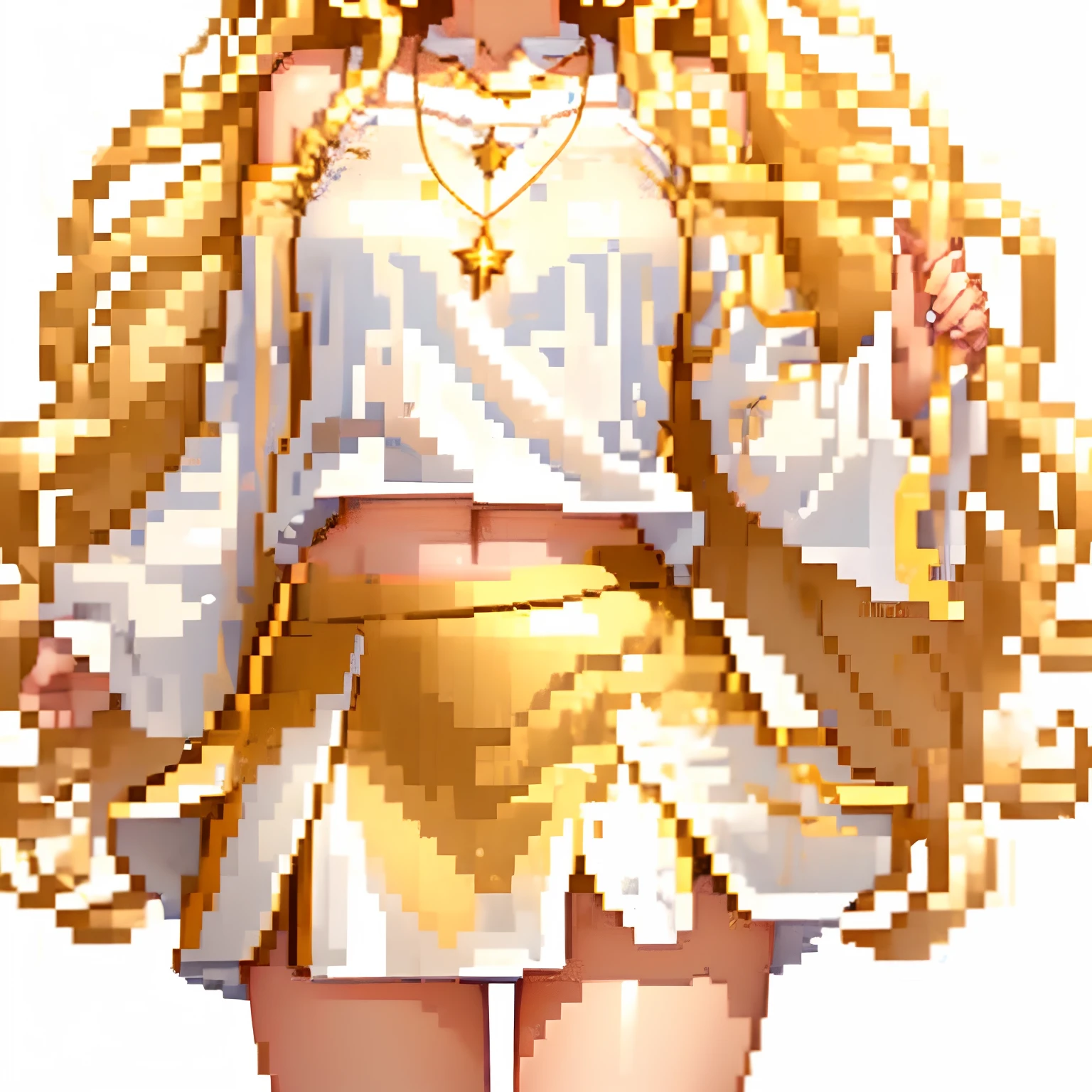white background, from the neck down, 1 girl, long and wavy golden hair, highlighted in clothes, long-sleeved white cropped top, star necklace, short gold skirt and white full pants, 17 years old, extremely beautiful, elegant and determined