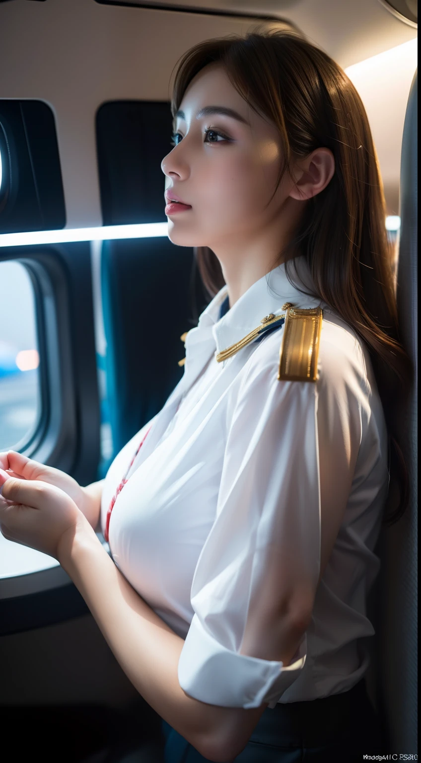 Best quality,(RAW photo:1.2),(Masterpiece:1.4),(Photorealistic:1.4),(A high resolution:1.4), 1girll, Depth of field, flight attendant, intricately details,8K, Extremely detailed, Perfect lighting, Epic background