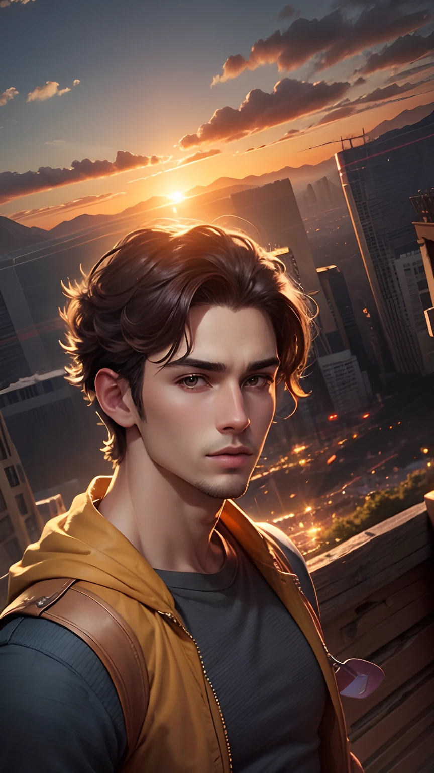 Change background in beautiful view of mountain sunset and realistic face handsome boy 8k quality