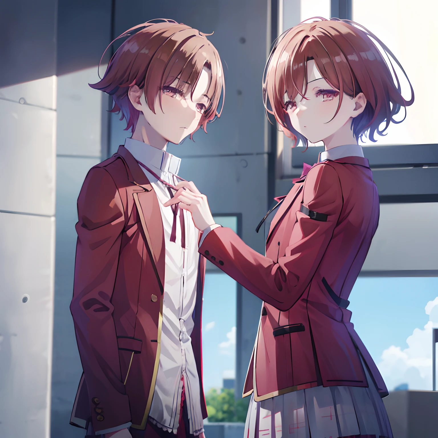 2people , girl(madoka higuchi) , boy(ayanokoji kiyotaka), highly detailed , full view , 8k , absurdres,high quality, anime, 2characters , standing next to each other , front view , looking at the viewer