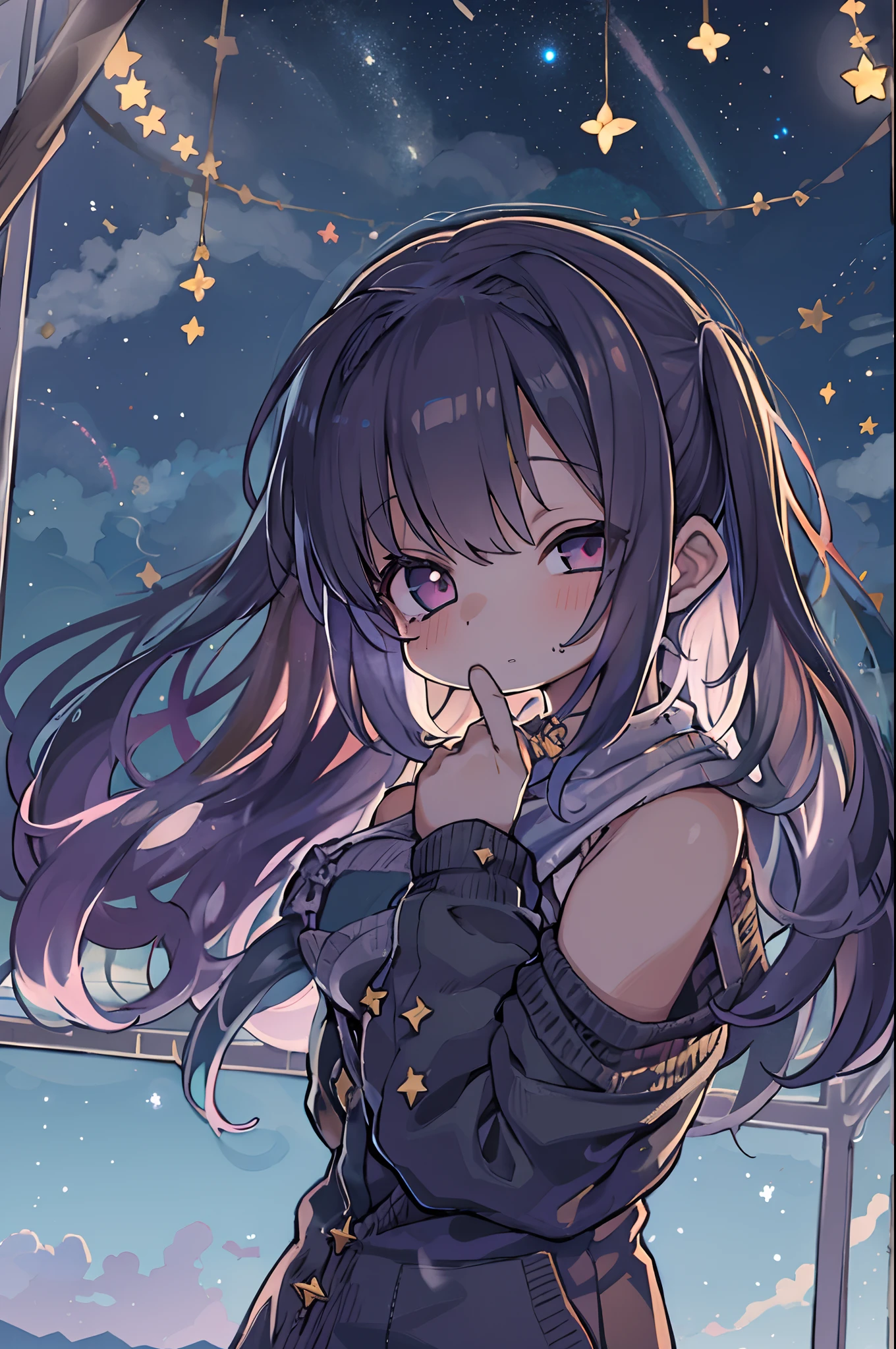 masutepiece, Best Quality, 1 girl, Solo, effect, Dark background、Inside the tent、Looking up at the starry sky