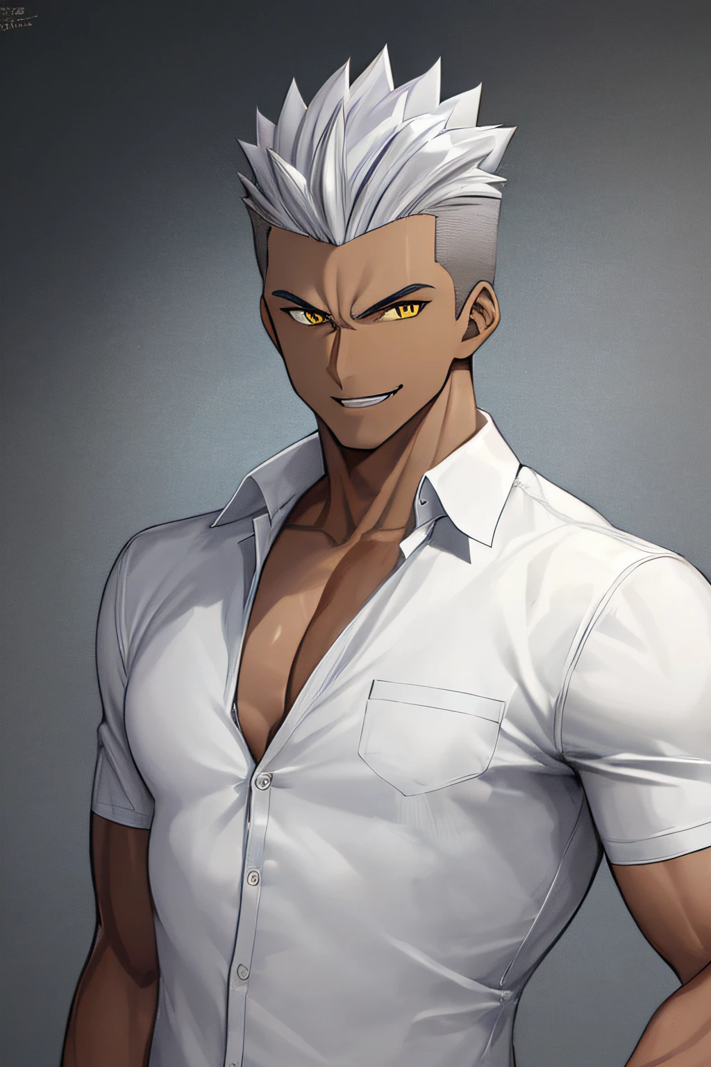 TAN SKIN, Teenage MAN, boy, (masterpiece, best quality), KujouCSA, break, 1boy, (r), 15 year YEARS))) high school student, alone, black formal shirt, half-open shirt, ((Expensive clothes)), muscular chest, chiseled abs, body full of muscles, yellow eyes, dark silver hair, (((DARK SILVERHAIR))) (DARK SILVER HAIR) spiky hair, hair shaved on the sides, evil smile, fang, intimidating expression, dark skin, dark-skinned man, attractive, teenager, toned pecs, muscular arms, bull neck, smile, aesthetics, look at viewer, upper body photo, university classroom, rest, garden manor. (((short spiked hair))) (((short spiked hair))) (((15 YEARS))) (((15 YEARS))) (((15 YEARS)))