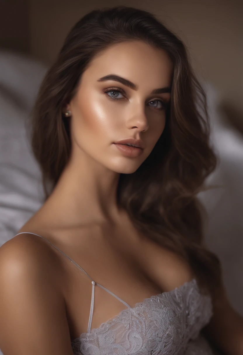 arafed woman fully , sexy girl with brown eyes, ultra realistic, meticulously detailed, portrait sophie mudd, brown hair and large eyes, selfie of a young woman, dubai eyes, violet myers, without makeup, natural makeup, looking directly at the camera, face with artgram, subtle makeup, stunning full body shot kneeling on bed, in bedroom, medium to large size bust