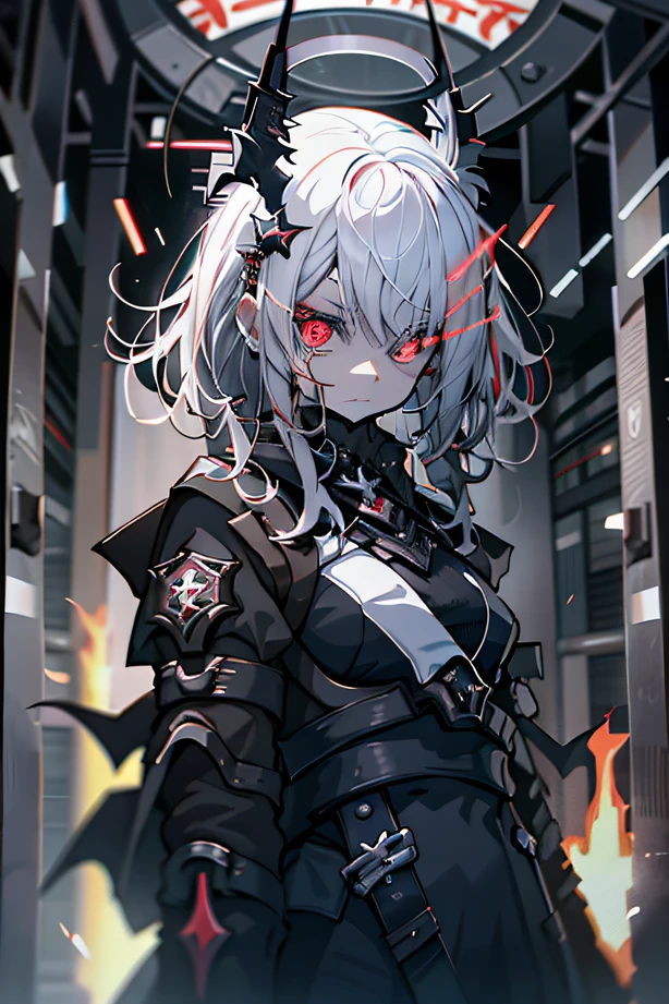 Anime girl with white hair and red eyes with a knife, demon anime girl, gothic maiden anime girl, white-haired god, with red glowing eyes, Anime girl wearing black dress, with glowing red eyes, Perfect white haired girl, gapmoe yandere grimdark, Girl with white hair, white haired Cangcang, Anime monster girl, Red anime pupils in her eyes,Fire in the eyes、