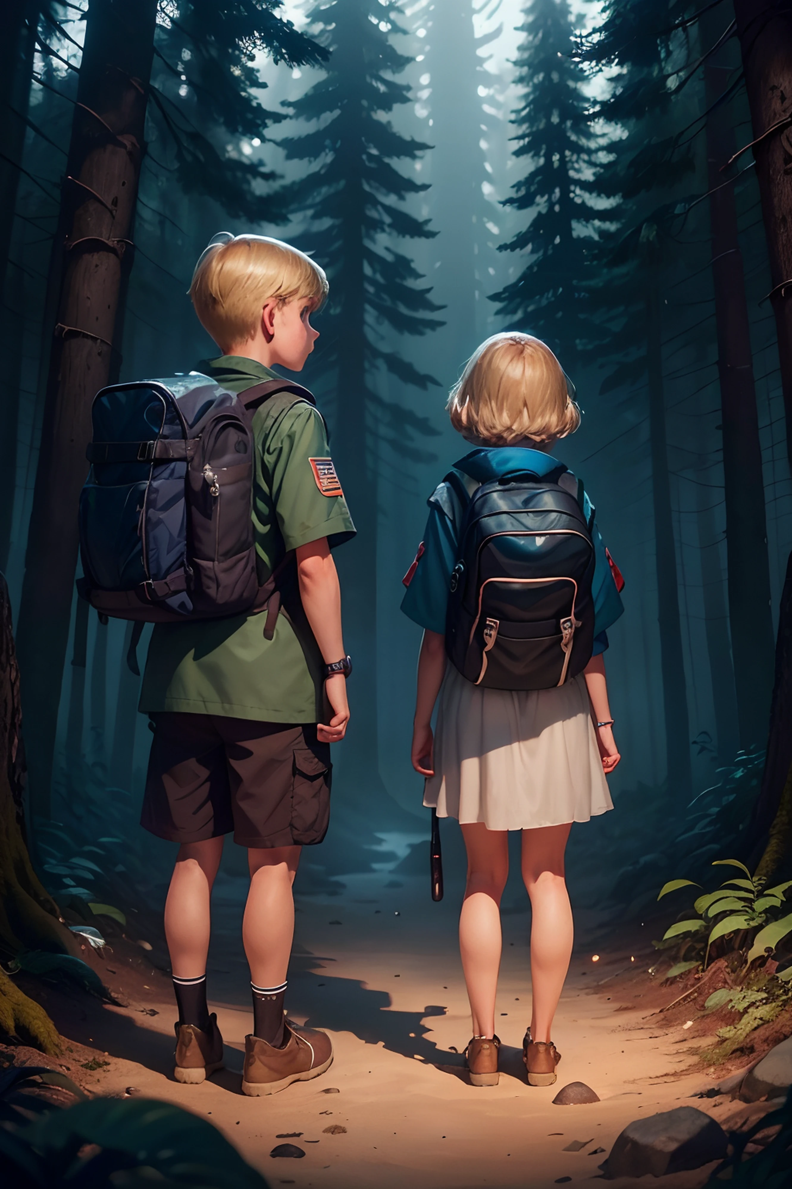 "8-year-old boy and in search of the lost treasure, stranded on an island deep within the forest, adventure, both with blonde hair and blue eyes, wearing scout uniforms with backpacks, clear and crisp night image, rich in details, stones on the ground, ominous trees, fear."