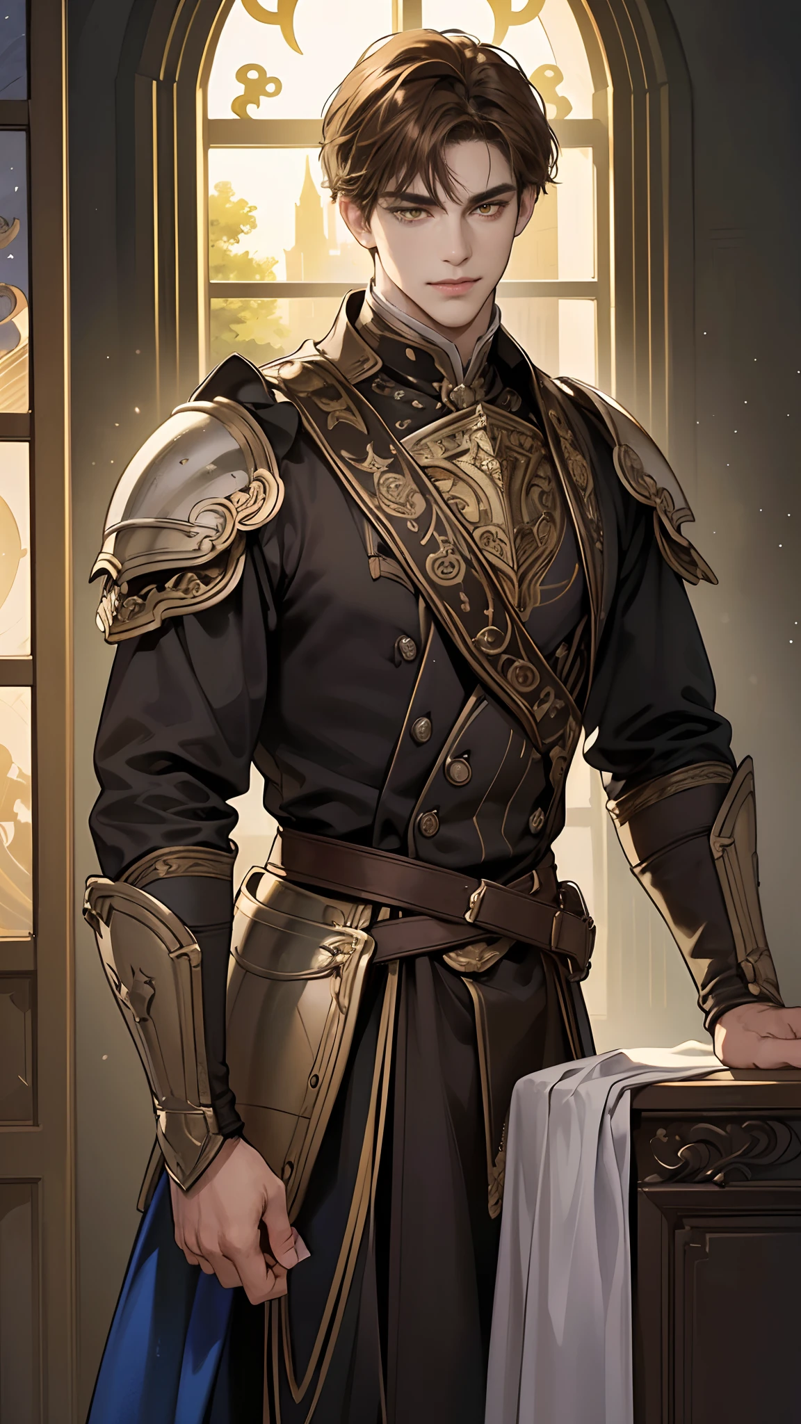 masterpiece, best quality, realistic, 1man, mature male, quiet and charming young man, handsome man, 25 years old, serious look, extremely detailed face, detailed eyes, extremely intricate eyes, detailed background, cinematic lighting, looking at the audience, posture dynamics, (masterpiece, top quality, best quality, beautiful illustration, official art, wide angle, beautiful and aesthetic :1.5), Masterpiece Background Midnight, Darkness, Dark Room, Dark tone, castle, castle windows, Moonlight, (Moonlight Only: 1.5), Invincible Smile, smirk, Bewitching, knight, ((yellow eyes)), ((brown hair)), [thick eyebrows], ((suit)), armour, short brown hair, golden eyes