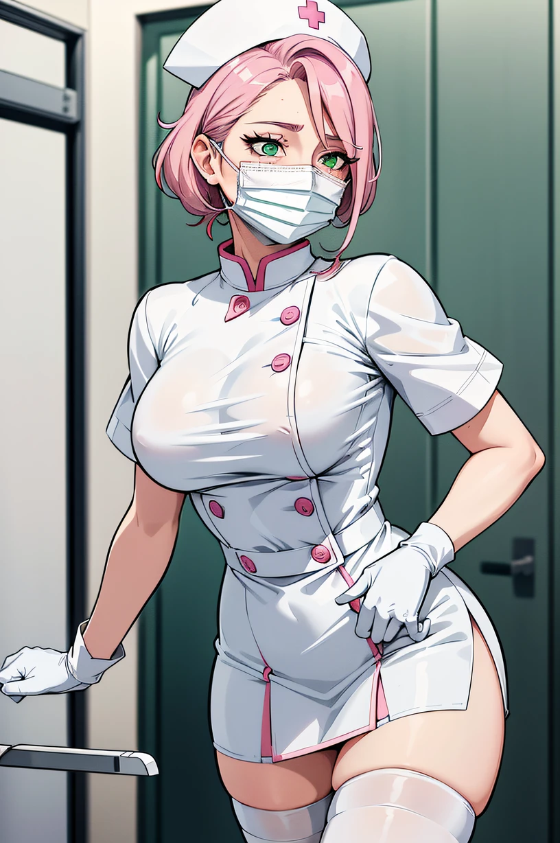 1woman, nurse, nurse cap, white wear, ((white legwear, zettai ryouiki)), white gloves, drooping eyes, green eyes, pink hairs, ((white surgical mask, covered nose)), standing, ((hospital room)), sharp outline, short sleeves, mature female, 32 years old, best quality, masterpiece