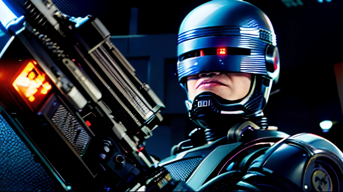 There is a robot with a gun in his hand, RoboCop, Jodorowsky's Robocop, movie still of a cool cyborg, Robocop portrait, robocop duck, still from a ridley scott movie, movie still of a villain cyborg, 1 9 8 0 second sci-fi movie, movie still of a cyborg, Sci-Fi Classics, masutepiece、top-quality、The mouth is human。