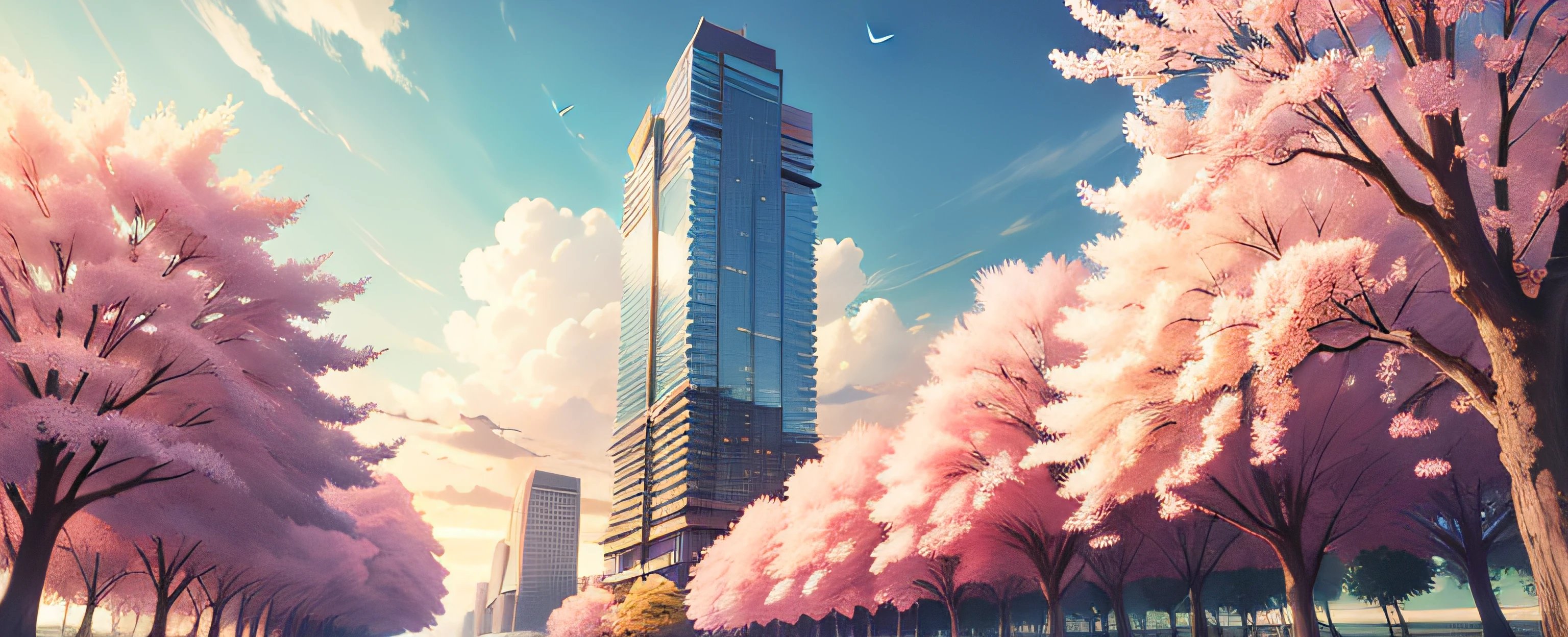 beautiful anime scenery,author:Shinkai sincerely , Sakura Tree , Skyscrapers , City , Sakura Leaves Floating , Spring , Wind , Cloud , Sky , Afternoon
