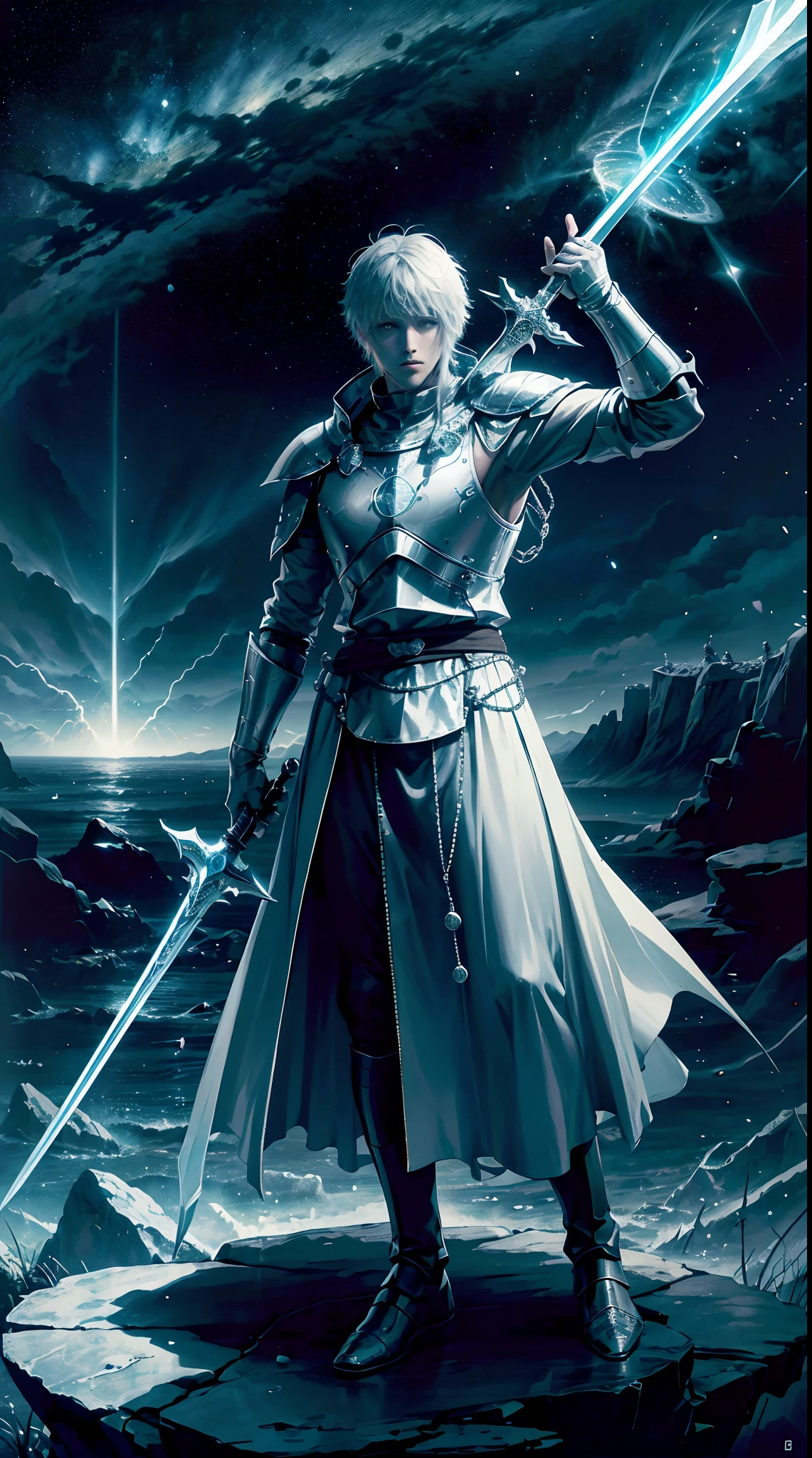 King Arthur Pendragon pulled out the sword Excailibur which was stuck in a stone, beside King Arthur stood members of the 10 knights of the round table, Interstellar black hole background, Lightning effects the atmosphere, HD lighting and dark )<=(epic image quality)(many effects particel in background)