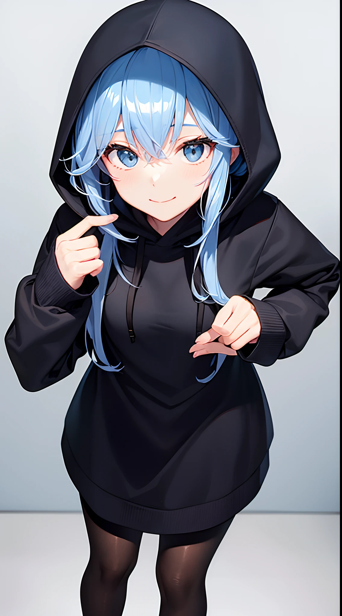 masterpiece, best quality, 1girl, fun, funny, perfect face, expressive eyes, cute, smiling, peace sign, ((two fingers)), happy, mischevious, blue eyes, modern, beautiful cothes,black hoodie, BREAK miwakasumi, light_blue_hair, blunt bangs, long hair, cozy, peaceful, standing, bedroom,window, summer, no pants, tug, hoodie tug, solo, alone, wallpaper, gorgeous, cute girl, simplistic, minimalistic, sensual