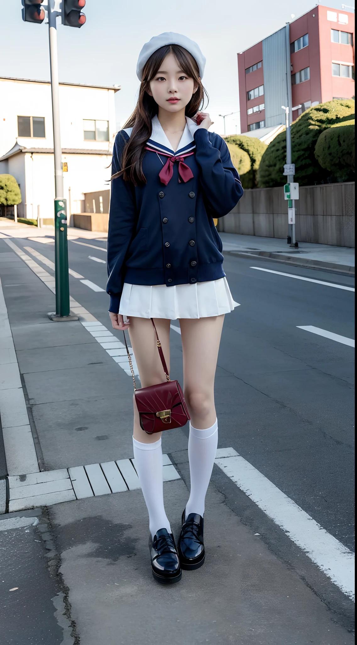 mix4, (16 K, Raw photography, Top image quality, masterpiece: 1.45), (realisitic, Photorealsitic: 1.37), one girls, 7.5, etc、Random hairstyle、Standing figure,Daytime、a very cute,Station platform,, profetional lighting, photon maping、physically-based renderingt, Gradient dark brown hair,Crisp backgrounds and high resolution, a handsome, Well-groomed and beautiful eyes、Large double eyelids、Very shiny、girl with, (((student clothes、Winter clothes、Sailor suit worn by Japan girl、Navy blue sailor color、scarf、a miniskirt, Small beret、high socks、lowfers、Frugal bag))), Top Quality Photos, hight resolution, 1080p, (clearface), (Detailed face description), (Detailed hand description), (masterpiece), (Exquisite CG)、extreme light and shadows、dishevled hair、master work、abundant detail、(Fine facial features)、(top quality photo)、(masuter piece)、(A detailed eye)、Look in front of you、Fine clavicle、((Slender big))、(((Japan schooln sailor suit)))、((Idle system))、((Station platform、wicket、railroad crossing))、(((neat and cute)))、耳Nipple Ring、A big smile、Drawing the whole body from the knees、Do not draw nasolabial folds、(((Long sleeve sailor suit)))、(Big breasts that hang down big:1.2)、Big buttocks with tension、Two arms and two legs、(((from the front side:0.3)))、bare hand、No mask、No skin exposure