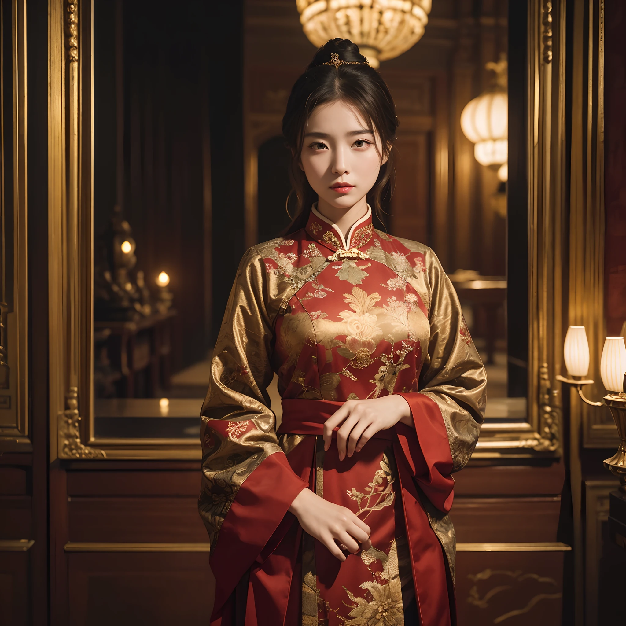 From movie stills, depth of fields, Piece of art, masutepiece, Super Detail, High quality, awardwinning, 8K, Photorealistic, girl, Solo, In the Palace of China, historic, Portrait Style, At night, Natural light, 16th century, Elegant, Detailed fingers