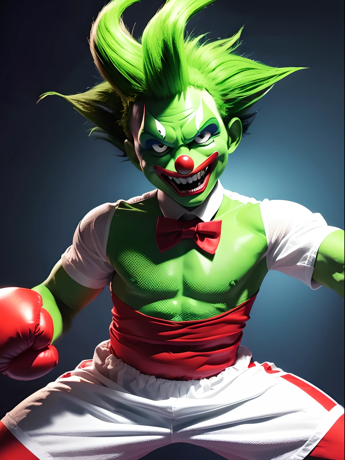 1man, alien, cartoon, clown costume, red nose, cartoon eyes, evil clown, green eyes, yellow teeth, large boxing gloves, circus tent backdrop, masterpiece, best quality, male focus, short body, jumping, evil grin, villain, wacky atmosphere, green Mohawk, green skin, midget, white clown makeup, red boxer shorts, solo, full body, cowboy shot, (bow tie), short body, dynamic fighting stance pose, standing