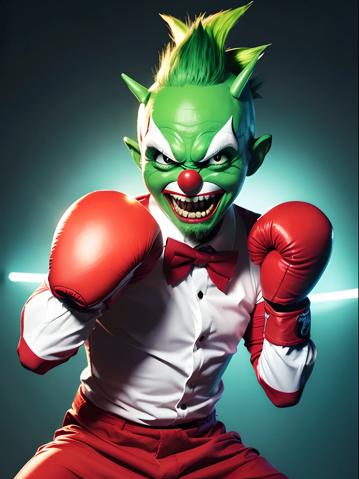 1man, alien, cartoon, clown costume, red nose, cartoon eyes, evil clown, green eyes, yellow teeth, large boxing gloves, circus tent backdrop, masterpiece, best quality, male focus, short body, jumping, evil grin, villain, wacky atmosphere, green Mohawk, green skin, midget, white clown makeup, red boxer shorts, solo, full body, cowboy shot, (bow tie), short body, dynamic fighting stance pose, standing