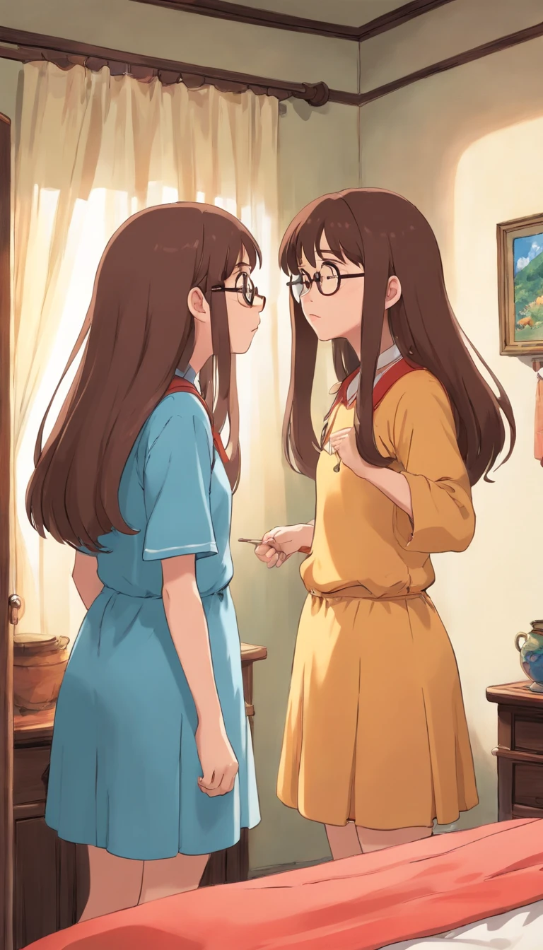two girls with a long brown hair, only one has glasses, and facing each other bit annoyed in a bedroom