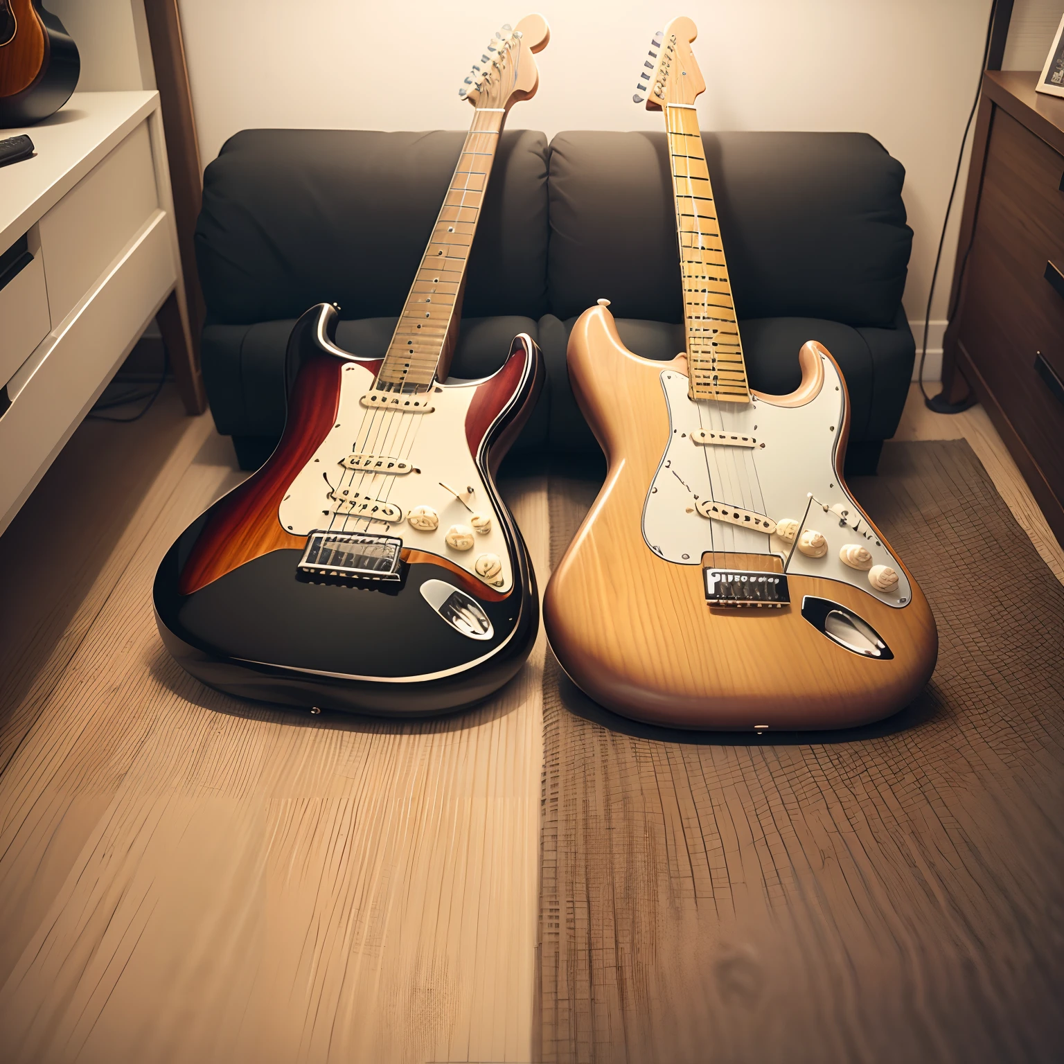6-string stratocaster guitar next to a 6-string Giannini guitar, estilo antigo