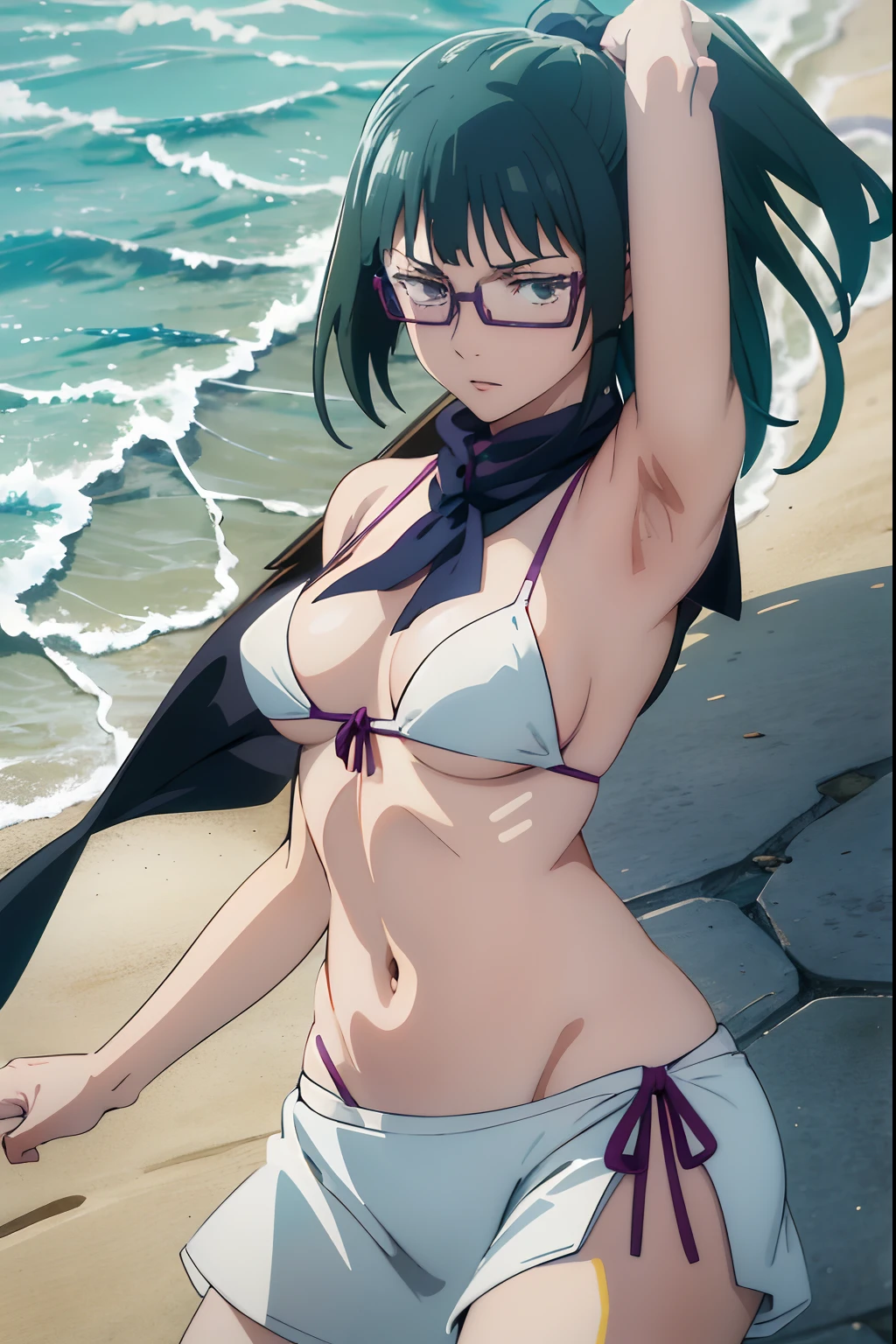 high-level image quality、Girl in micro bikini on the beach, Enchanting anime girl, realistic bikini, Best Anime 4k Konachan Wallpapers, Smooth Anime CG Art, Fubuki, Where is the Gawau, in beach, Marine Kitagawa Fan Art, Ilya Kuvshinov. Racing in 4K, anime moe art style, Zhenyuan Maki. (Best Quality, 4K, Ultra-detailed, Realistic:1.2), Vibrant colors, Soft lighting,Long ponytail,Girl Wearing Glasses,Beautiful expression,Large, Daweed, Innocent, Dreamy, charmed