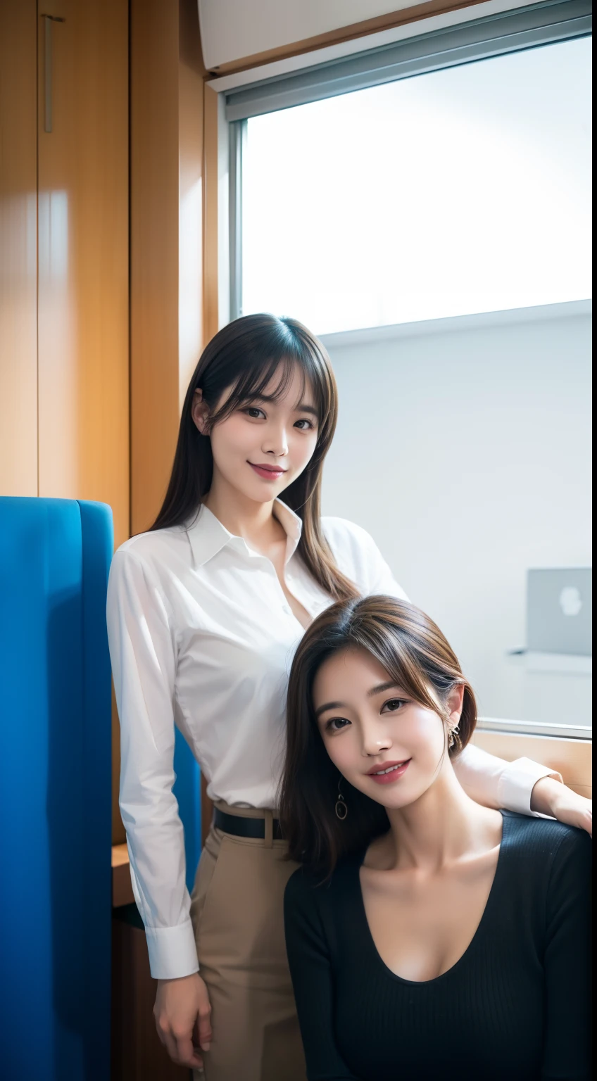 They were two people in the room, One is a woman,One is a man, In the office, High definition, Ikuo Hirayama, Yoshitomo Nara, On the desk, Tadashi Nakayama, Smiling, Beautiful face,