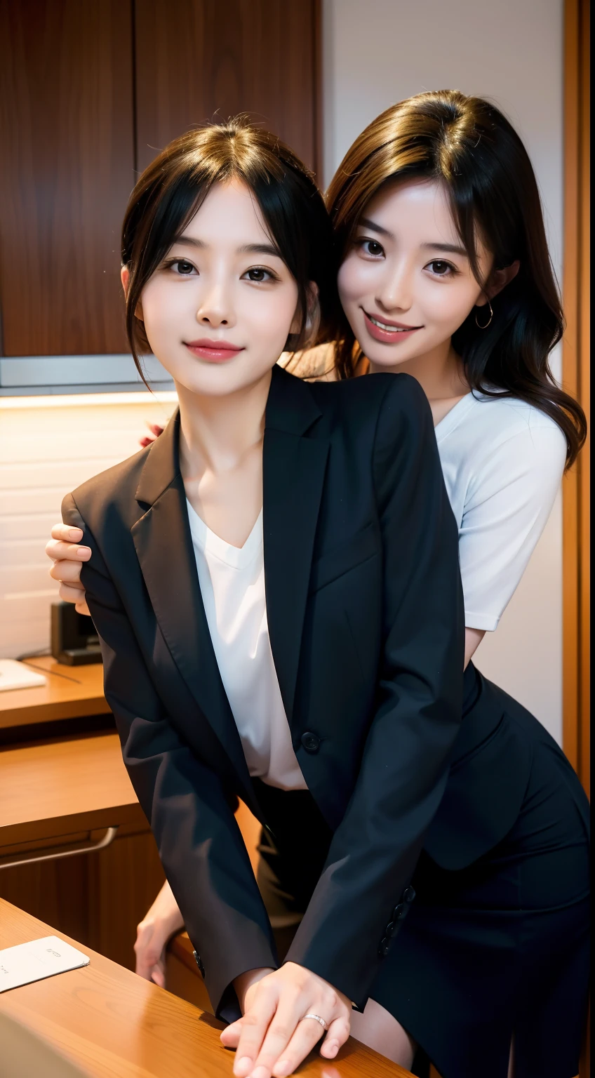 They were two people in the room, One is a woman，One is a man, In the office, High definition, Ikuo Hirayama, Yoshitomo Nara, On the desk, Tadashi Nakayama, Smiling, Beautiful face,