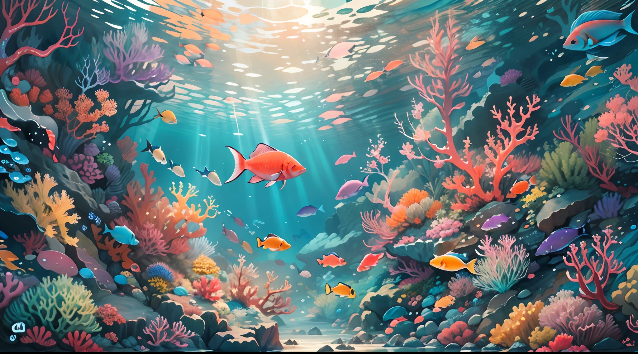 Conceptual art of marine life, Undersea landscape, Marine life，Beautiful coral reefs come in different shapes, 。.。.。.3D，, Fish, Female animated fantasy illustration. Long white hair scattered in the sea, Drift, Very harmonious. The whole painting adopts a messy and imaginative painting style. The colors are bright and saturated, line sleek. The mystery and beauty of the ocean, The painting depicts an underwater world full of life and vitality, Animated art wallpaper 8 K