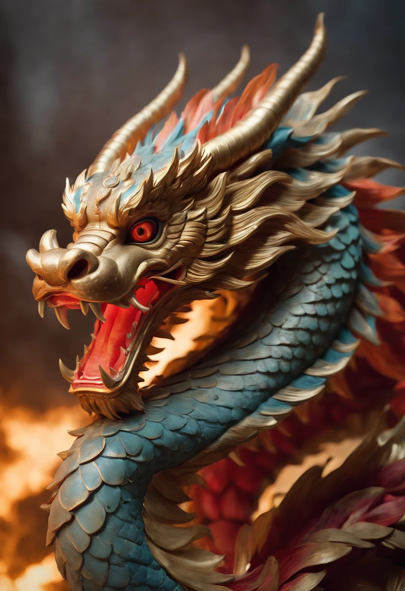 Dragon made of pure fire turned slightly to the right, made of pure fire, facing slightly to the right, close up, red dragon, dragon extremely close to the viewer, open mouth, Chinese Dragon,