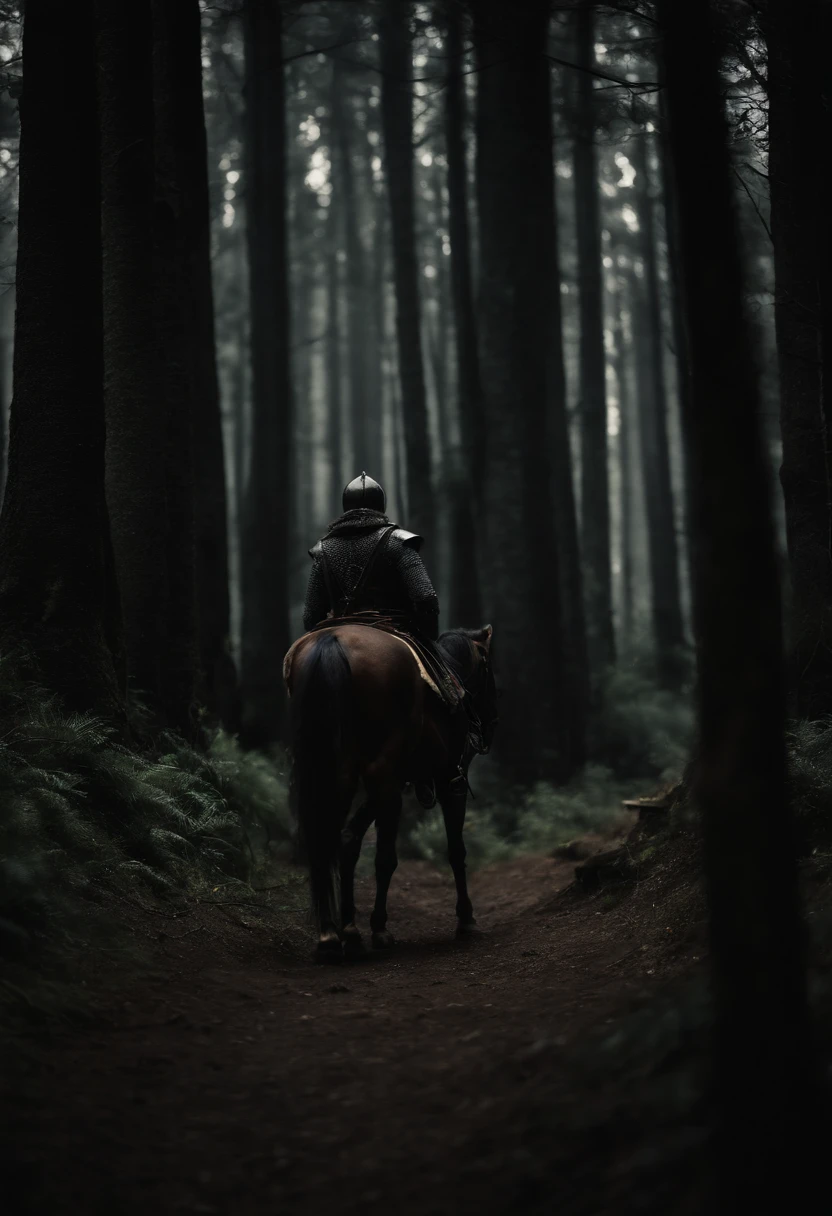 Cavalheiro negro medieval na floresta dark