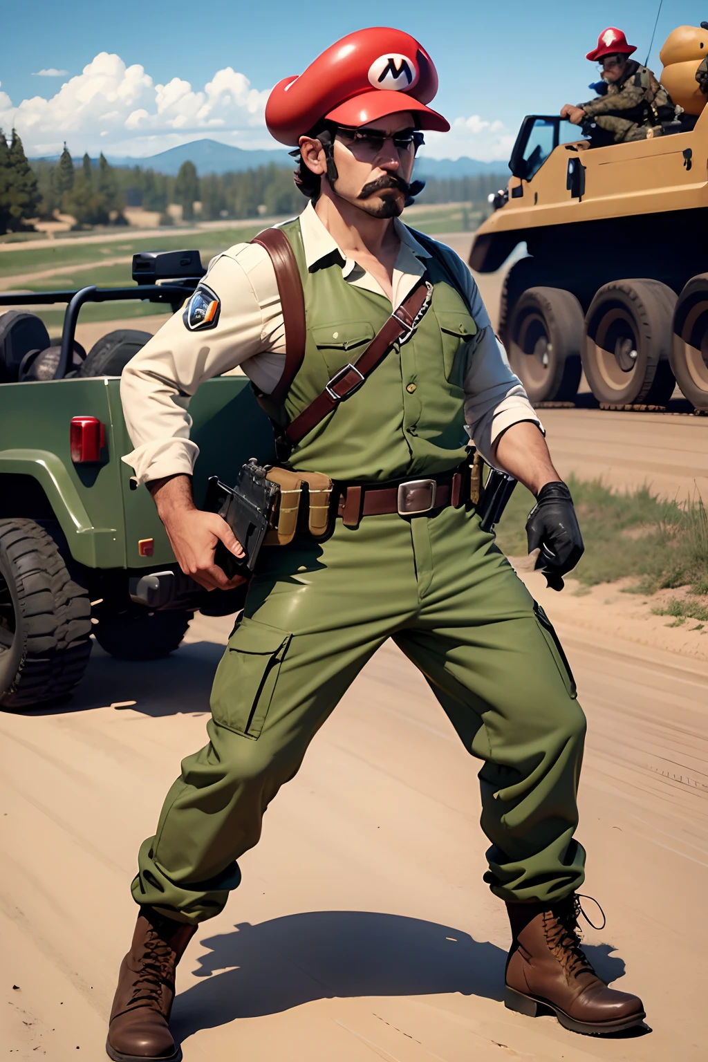 Personagem mario bros, Man dressed as a soldier armed with a large jeep behind him in a war scenario